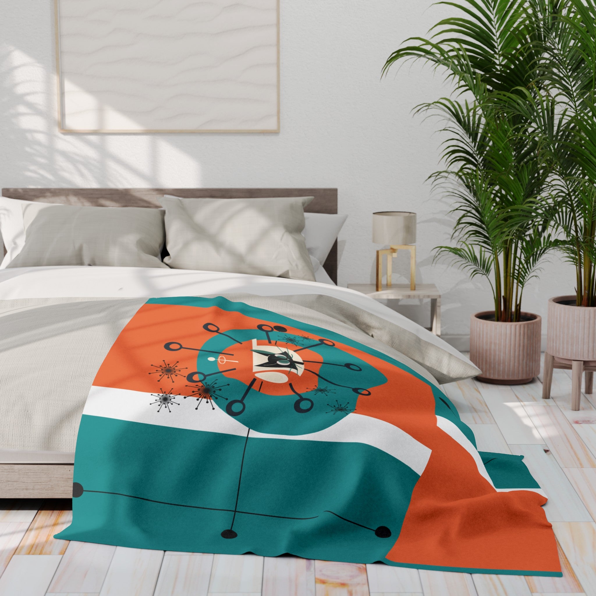 Mid Century Modern Orange Teal Atomic Space Kittie, MCM Lightweight Fleece Blanket - Mid Century Modern Gal