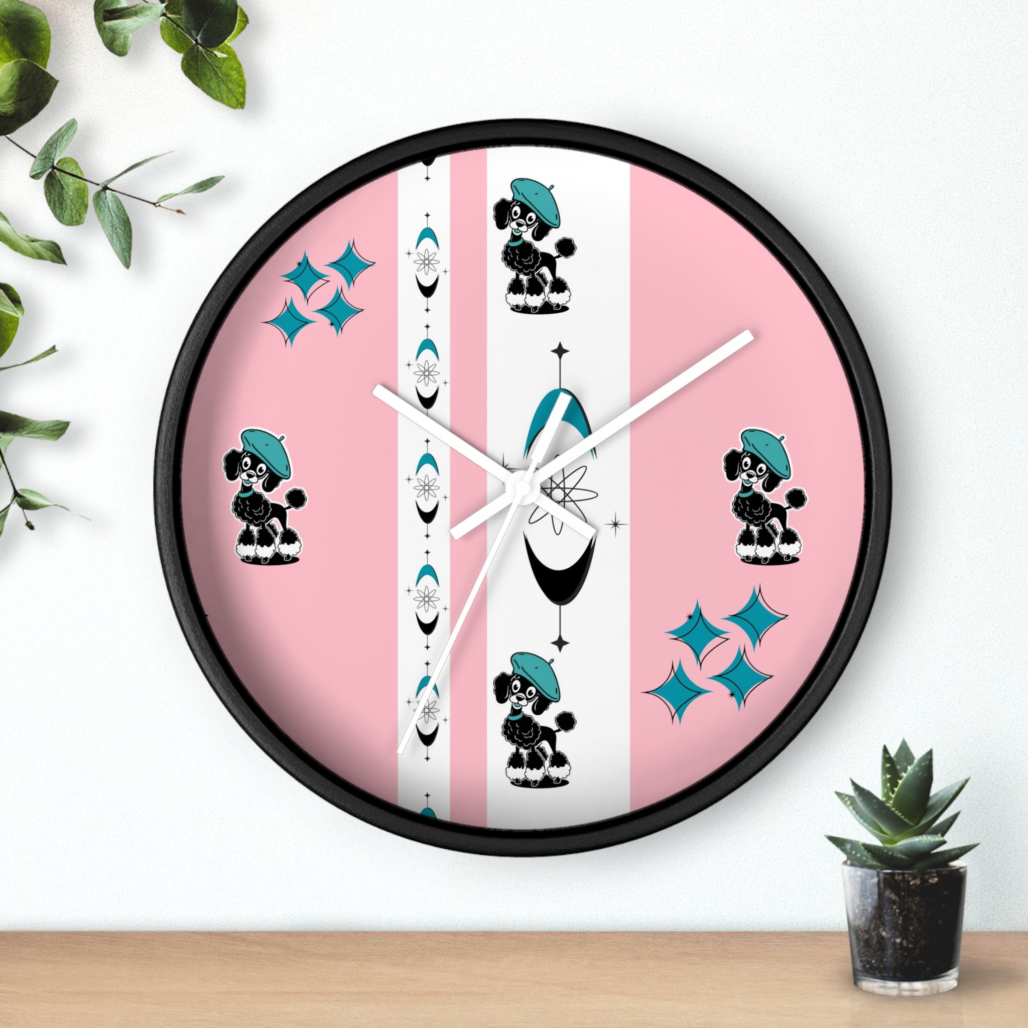 Mid Century Modern Atomic Pink Starburst Wall Clock with Cute Retro Mod Poodle Design - Mid Century Modern Gal