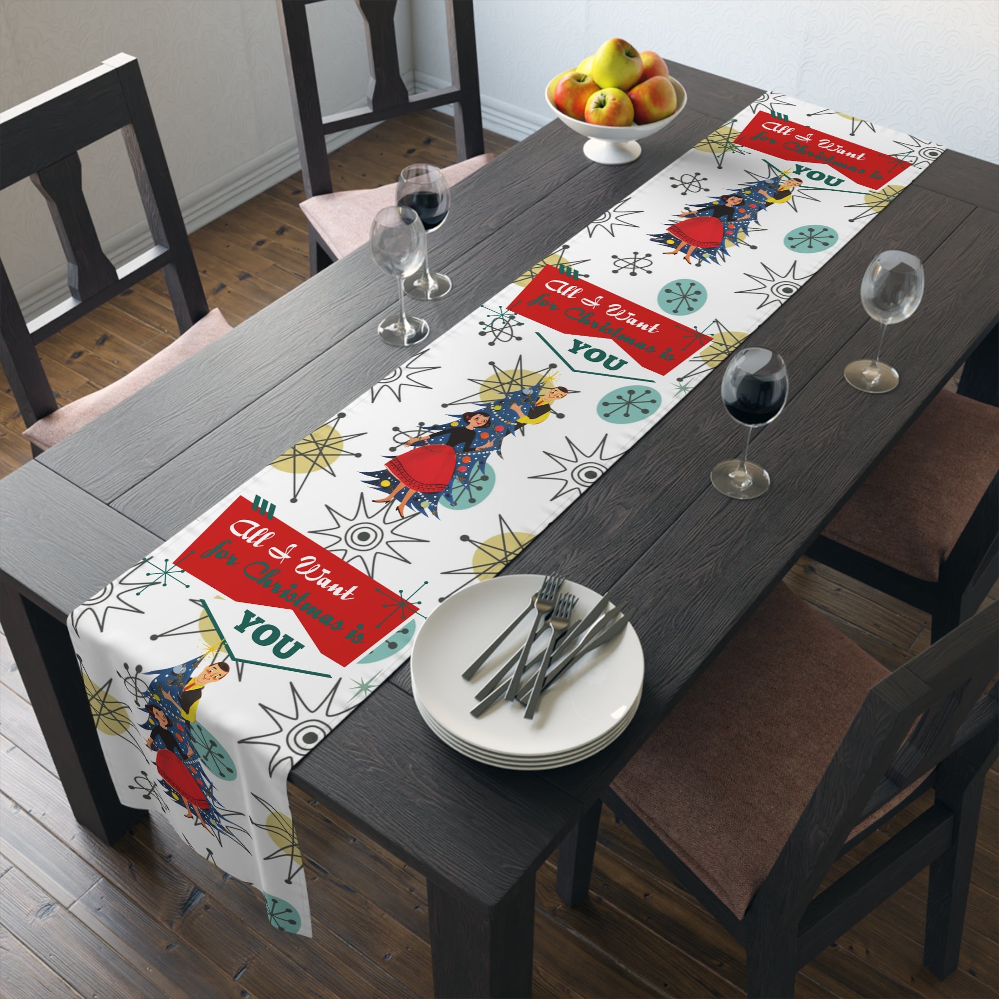 All I want For Christmas Is You, Kitschy MCM Christmas Festive Table Runner - Mid Century Modern Gal