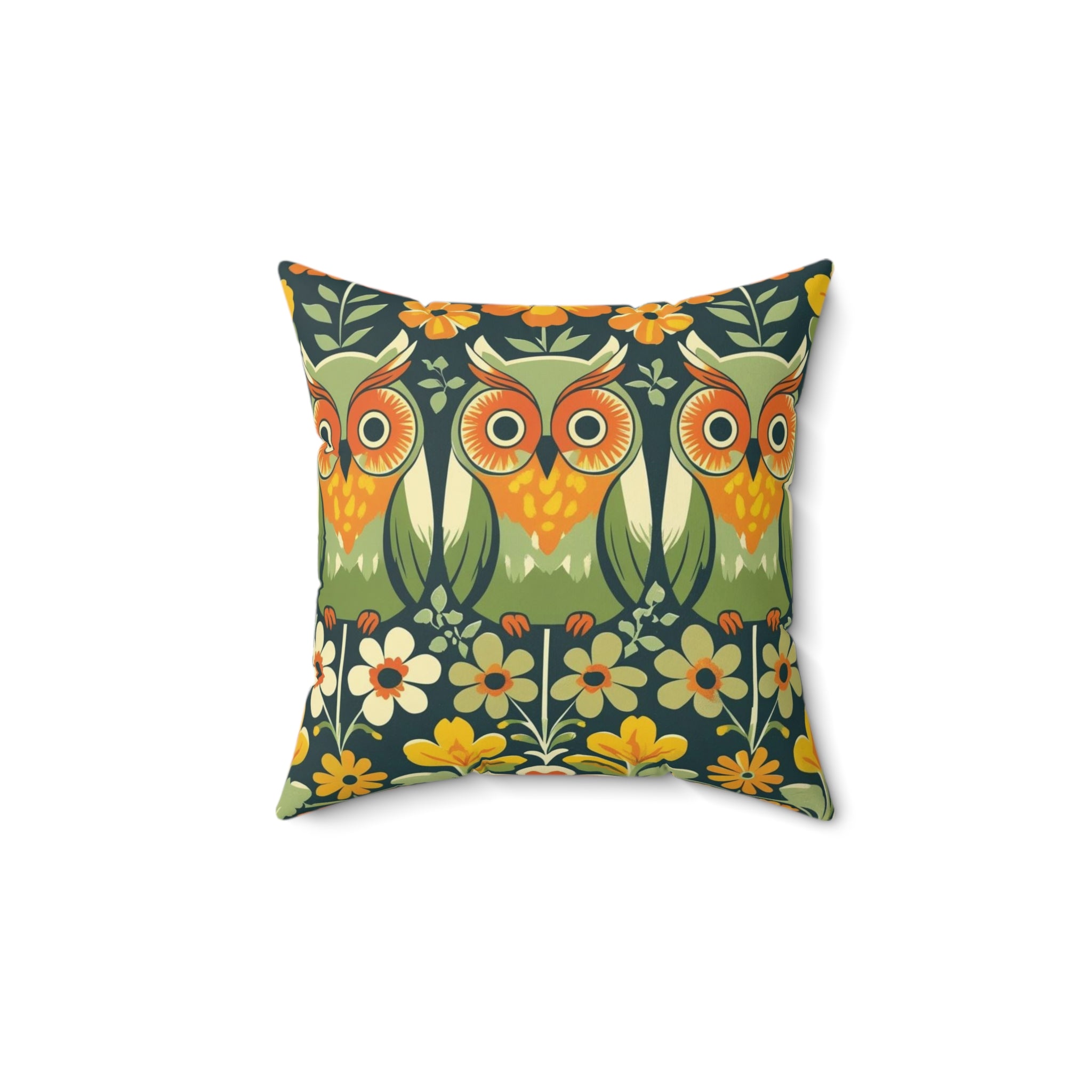 Retro Owl Flower Power Groovy 70s Floral Green, Orange Fall Pillow And Insert - Mid Century Modern Gal