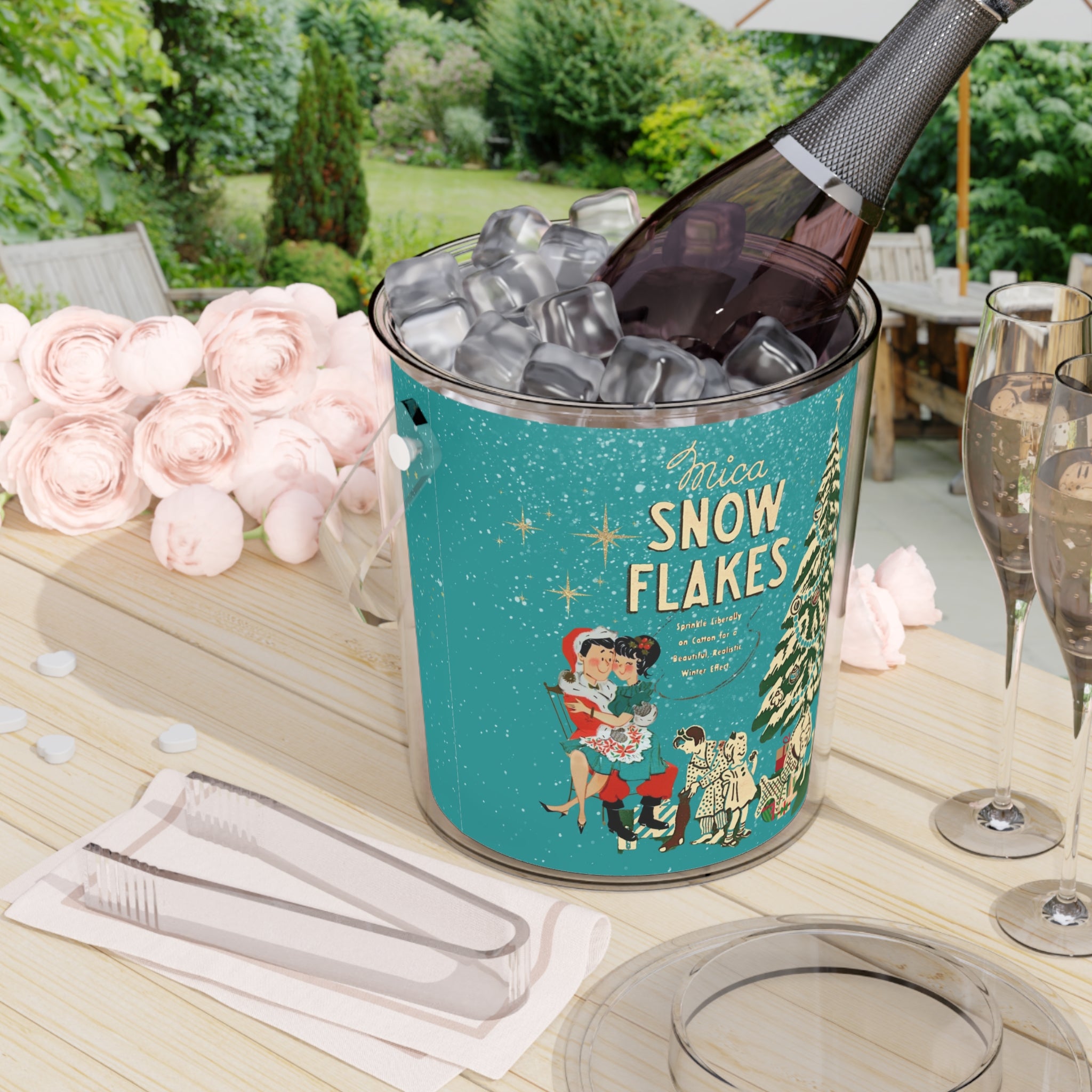 Mid Century Modern 50s Kitschy Christmas, Mica Snow, Holiday Kitsch Ice Bucket with Tongs By MCM GAL - Mid Century Modern Gal