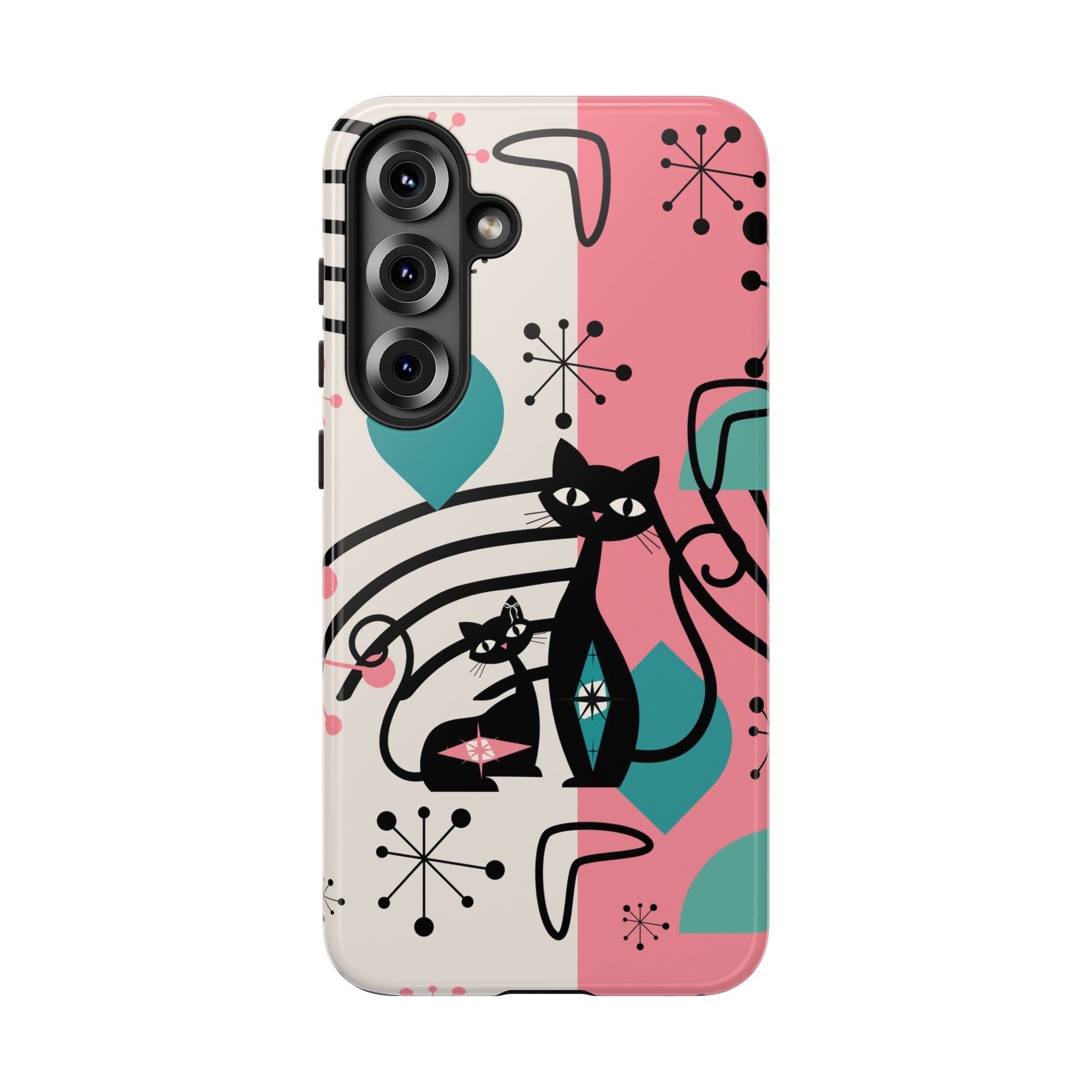 Mid Mod Atomic Cat Boomerang Starburst, Pink, Black Kitschy Stylish Cat Phone Case: Modern Design for Cat Lovers
