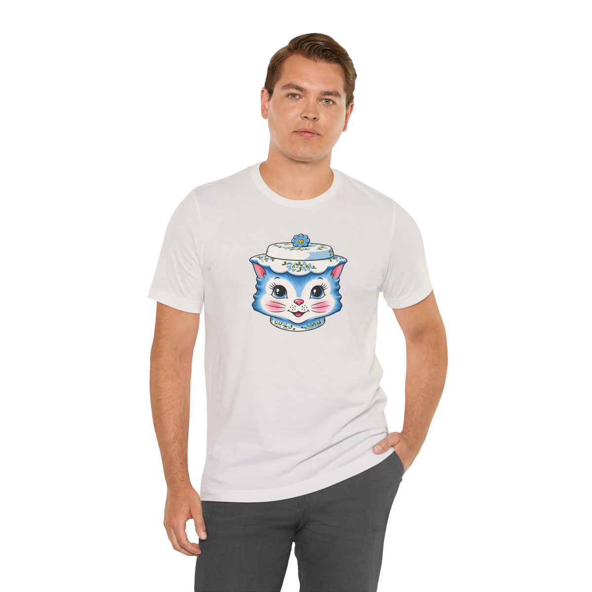 Mid Century Modern Kitschy Anthropomorphic Blue Cat with Floral Hat Unisex T-Shirt