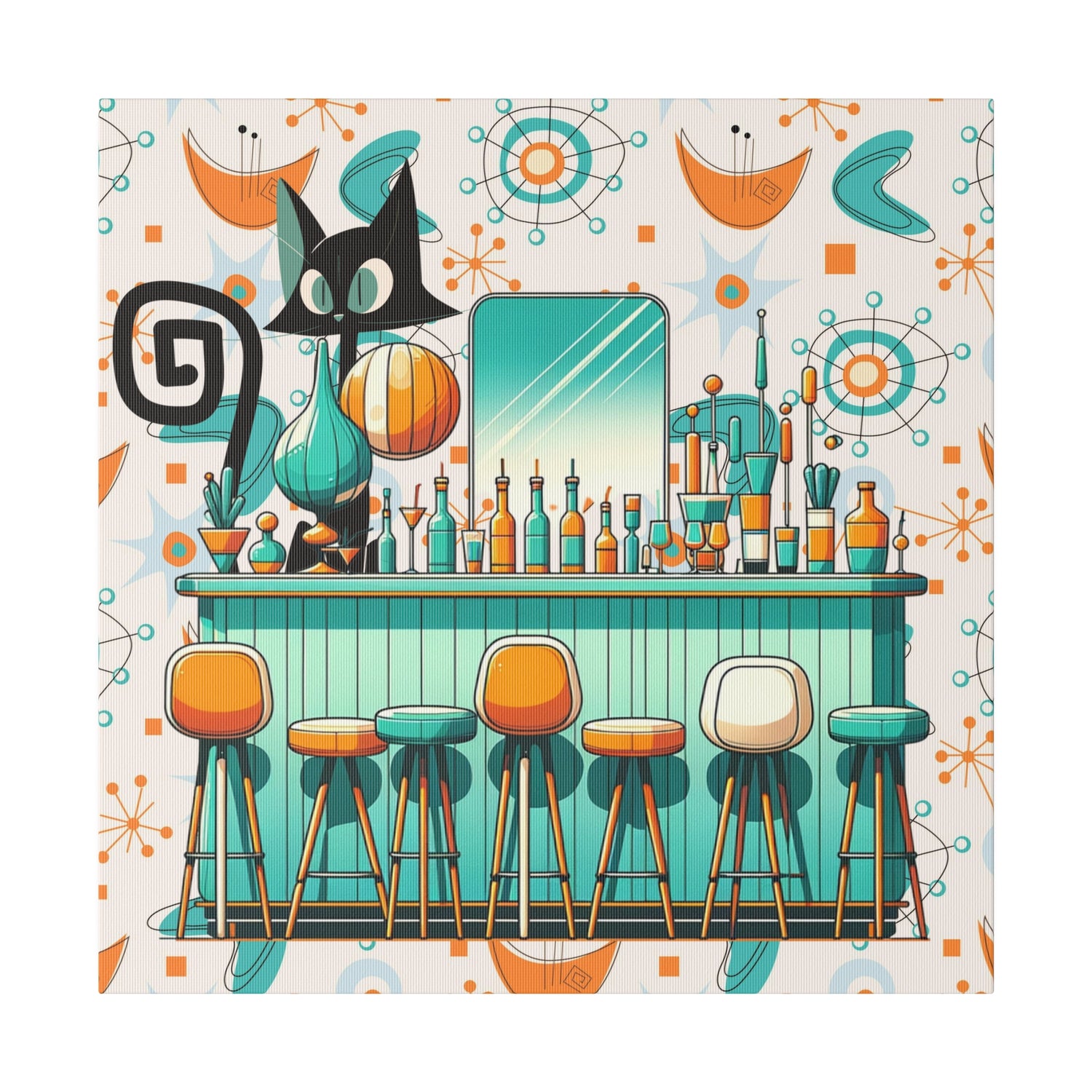 Atomic Cat, Mid Century Modern Kitschy Bar, Orange, Teal Mid Century Modern Wall Art - Mid Century Modern Gal