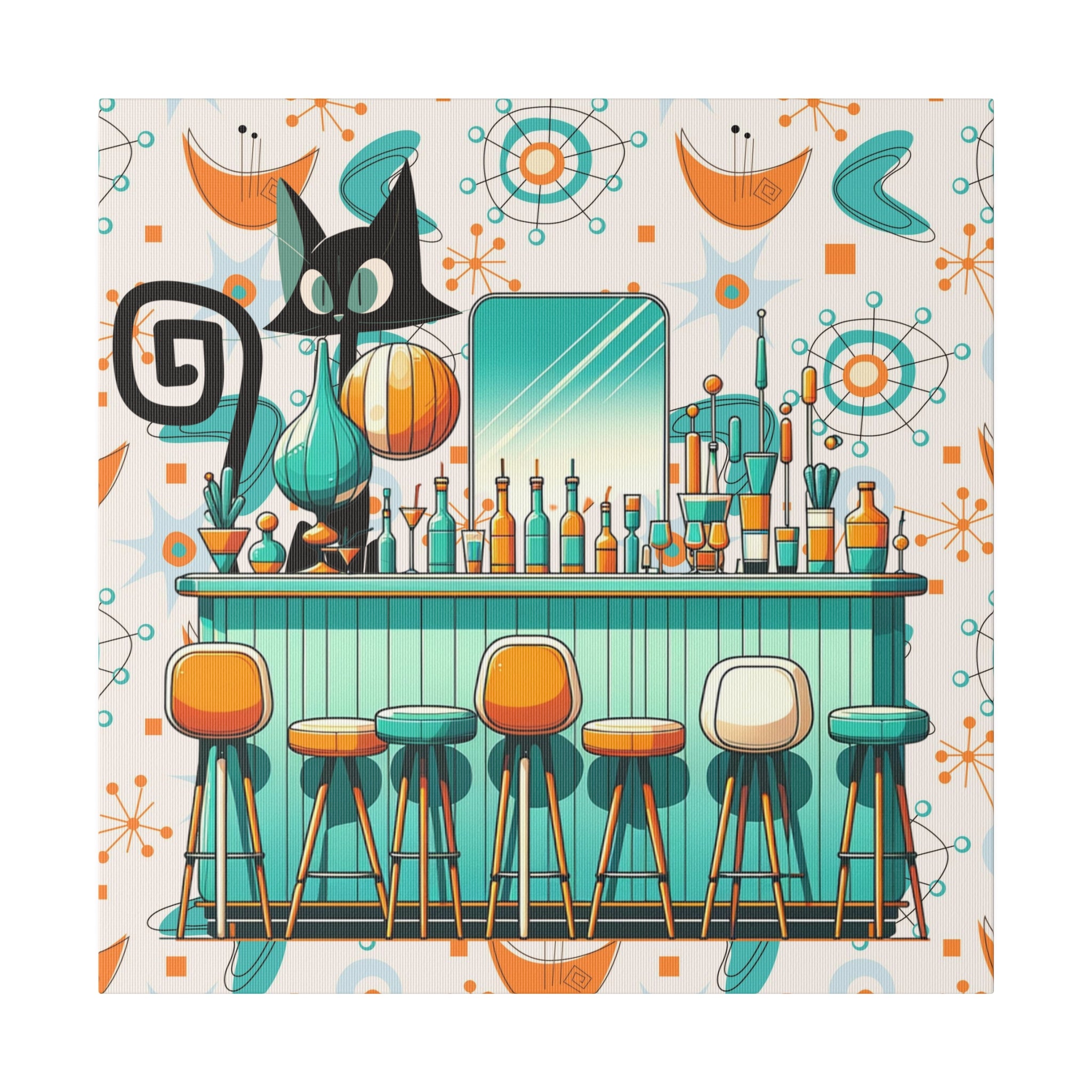 Atomic Cat, Mid Century Modern Kitschy Bar, Orange, Teal Mid Century Modern Wall Art - Mid Century Modern Gal