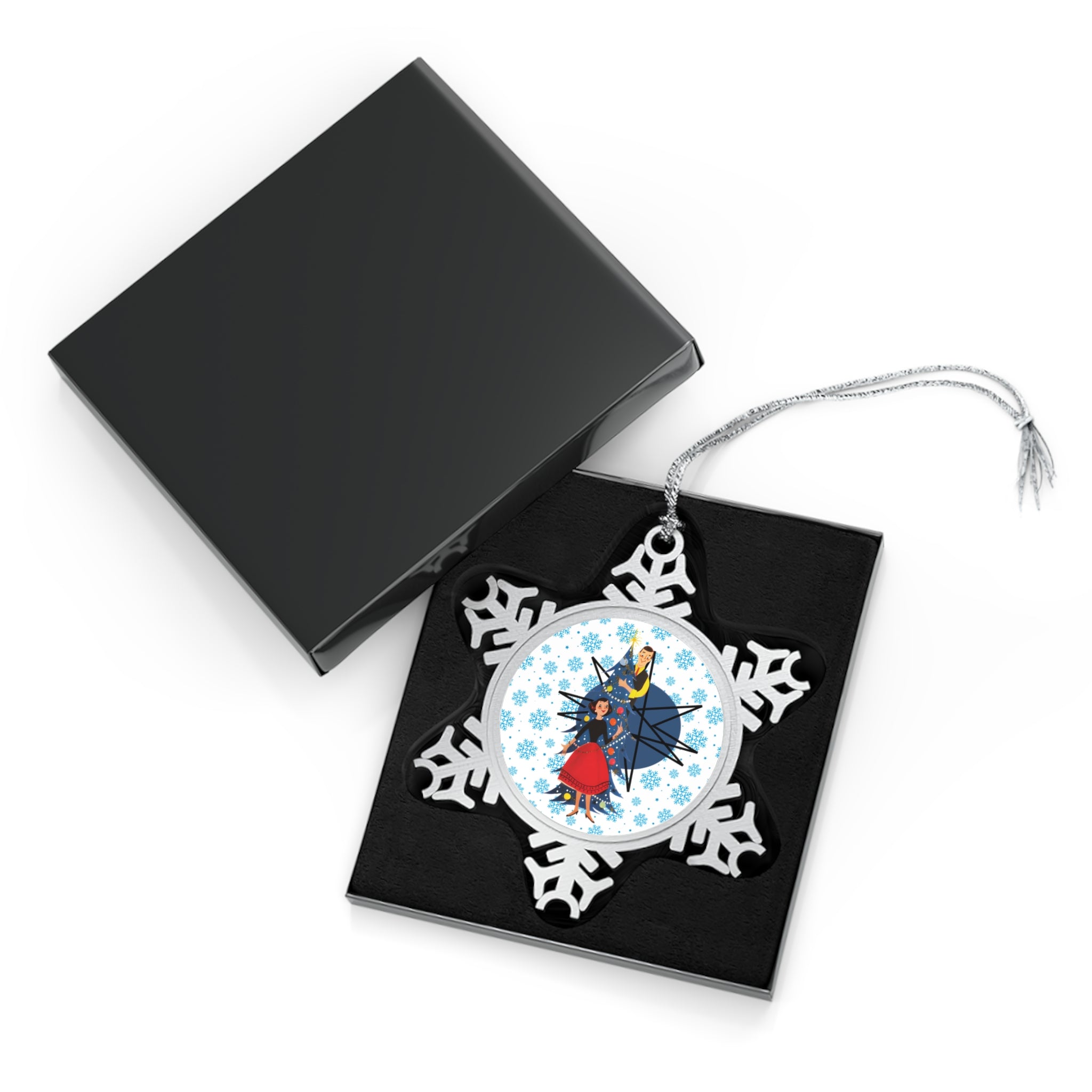 Kitschy Christmas Snowflake Ornament With Vintage Couple Pewter Snowflake Ornament - Mid Century Modern Gal