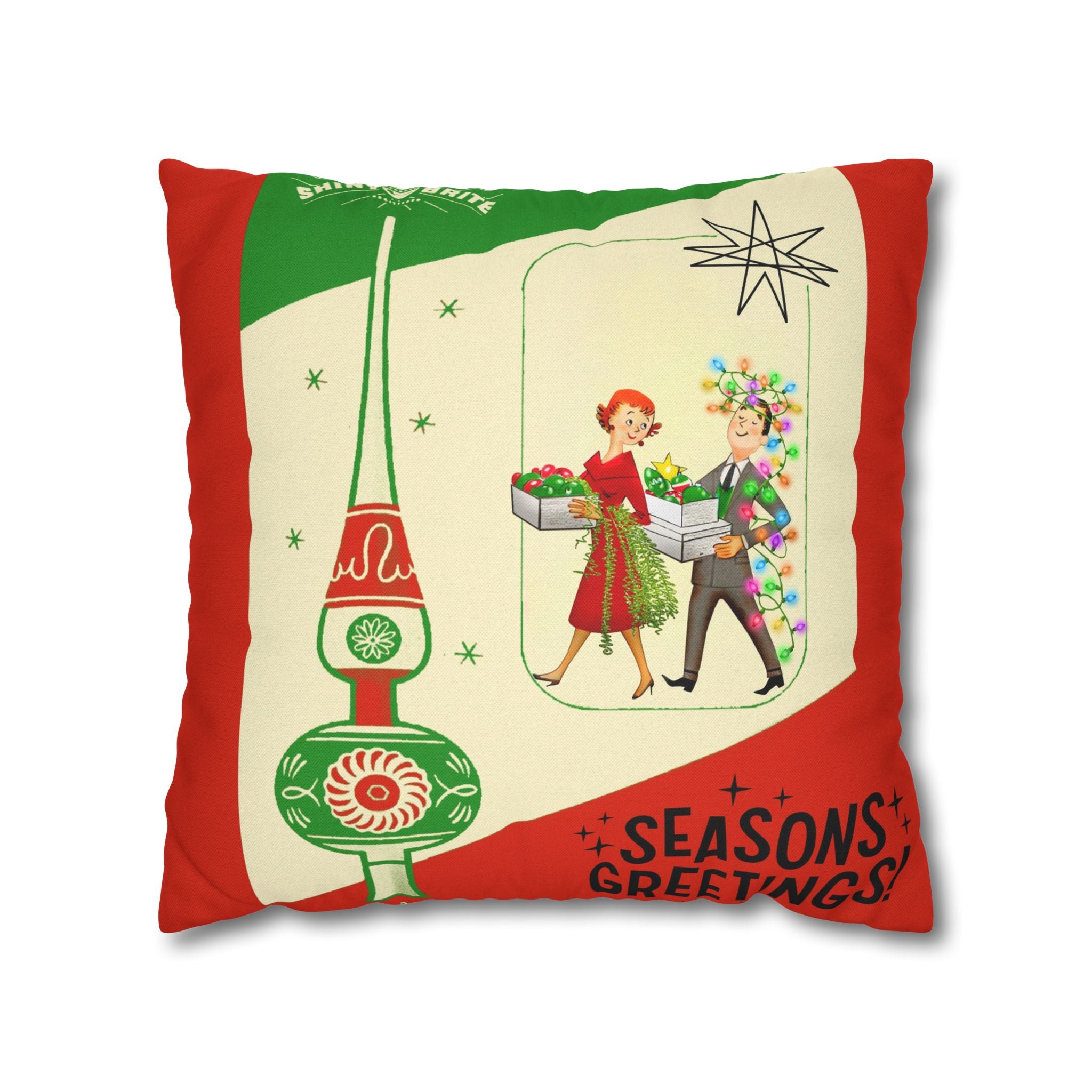 Shiny Brite Holiday Pillow Cover, Mid Century Modern Kitschy Couple Season Greetings - Mid Century Modern Gal