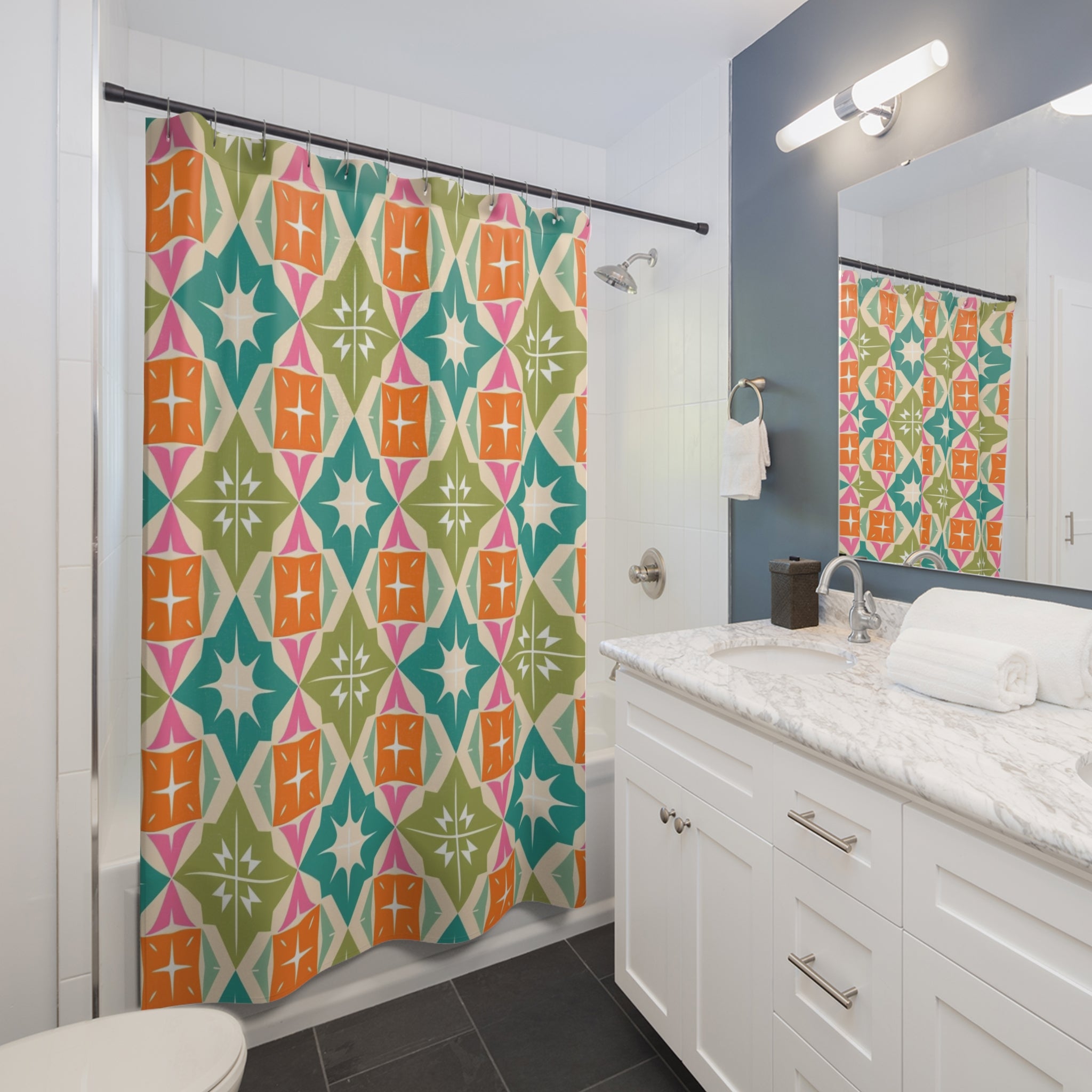 Mid Century Modern Atomic Diamond Starburst, Vibrant Geometric Shower Curtain - Colorful Modern Bathroom Decor - Mid Century Modern Gal