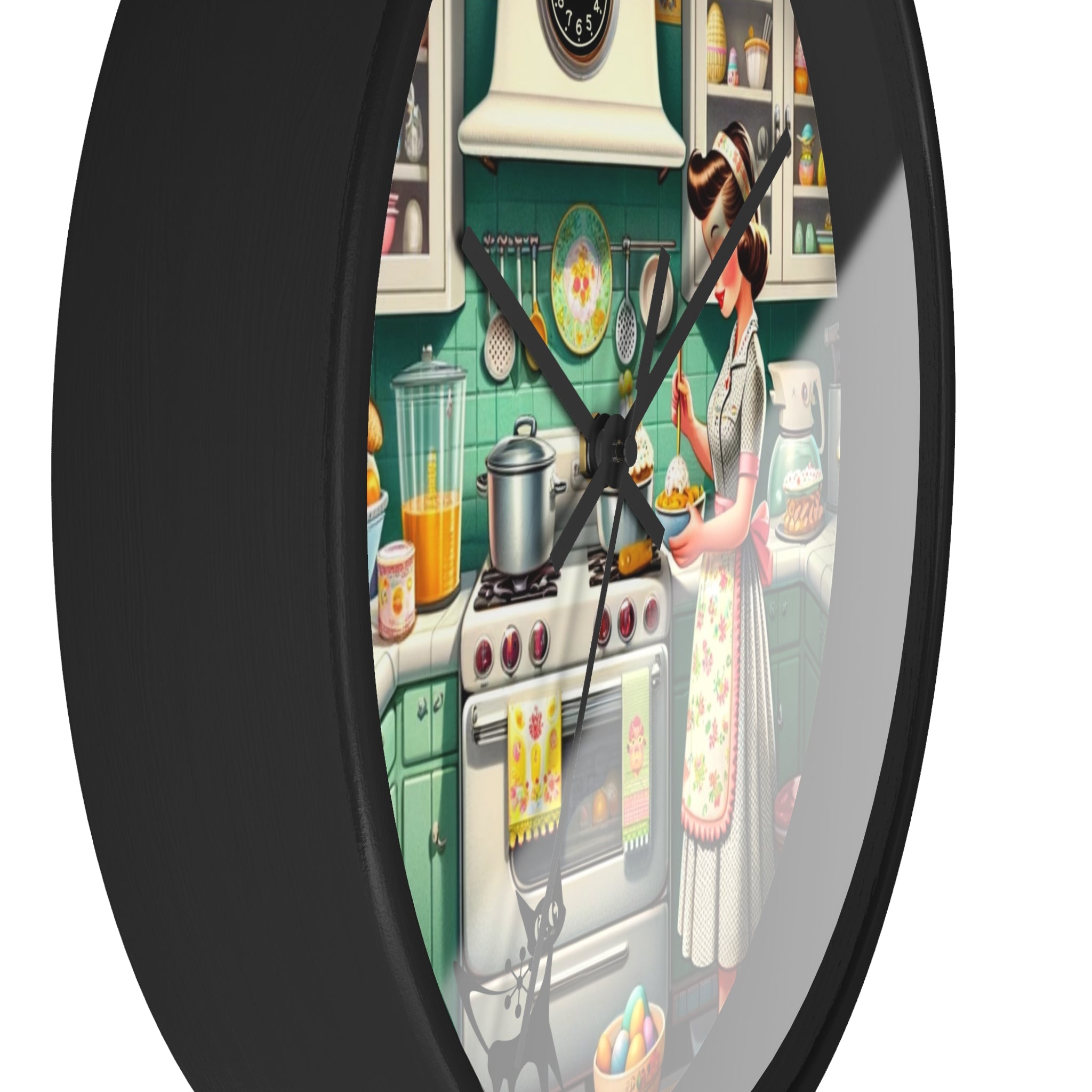 Vintage Kitschy Designed Mid Mod Gal Atomic Cat, Spring Wall Clock with Retro Cooking Design - Mid Century Modern Gal