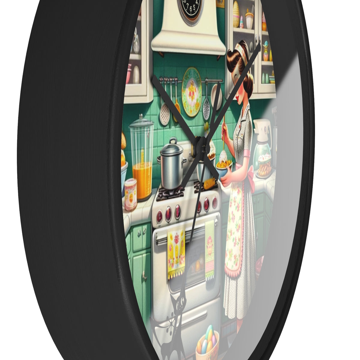 Vintage Kitschy Designed Mid Mod Gal Atomic Cat, Spring Wall Clock with Retro Cooking Design - Mid Century Modern Gal