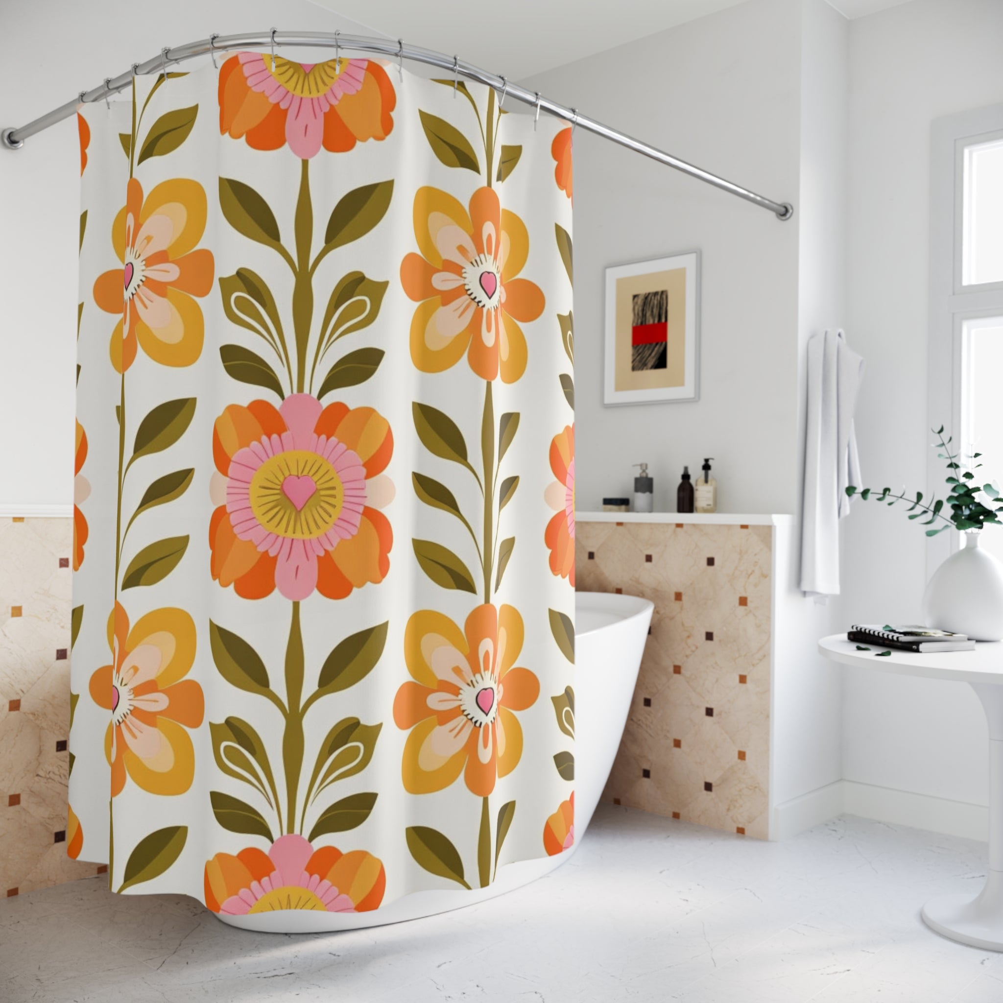 Scandinavian Floral Modern Danish Orange Yellow Green Boho Floral Shower Curtain - Mid Century Modern Gal