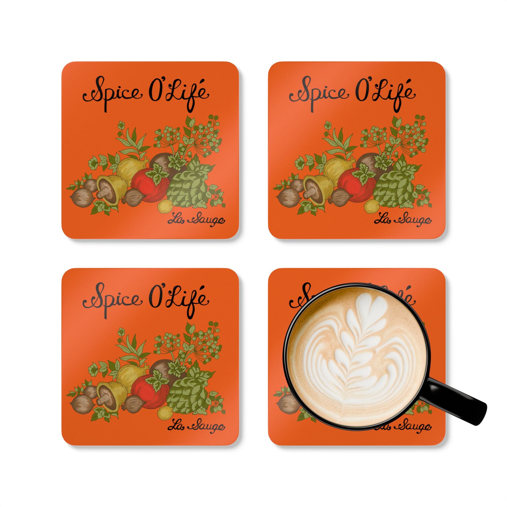 70s Spice Of Life, Corningware Inspired Orange Kitschy Kitchen Corkwood Coaster Set - Mid Century Modern Gal