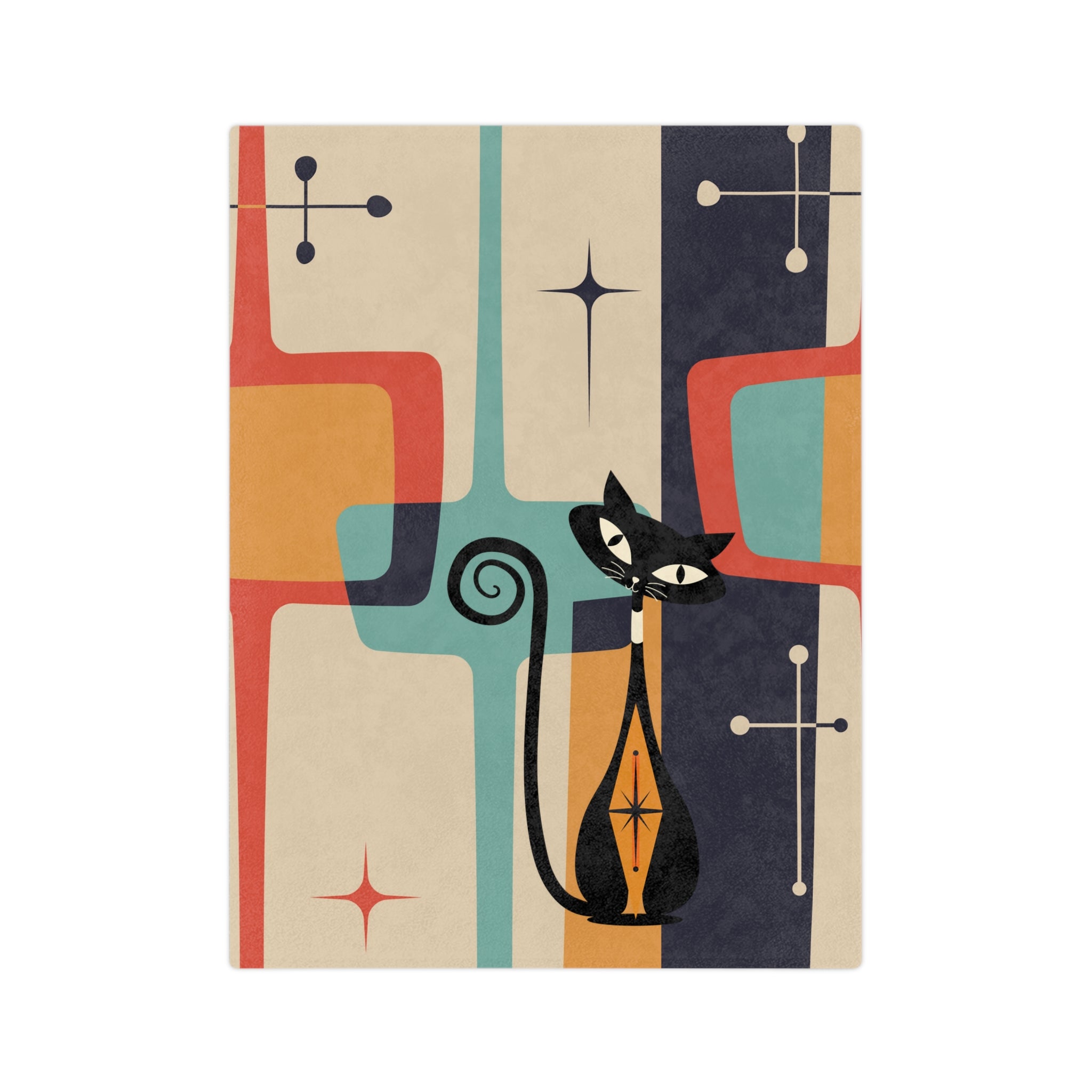 Atomic Cat Kitschy Mid Century Modern Velveteen Blanket - Mid Century Modern Gal