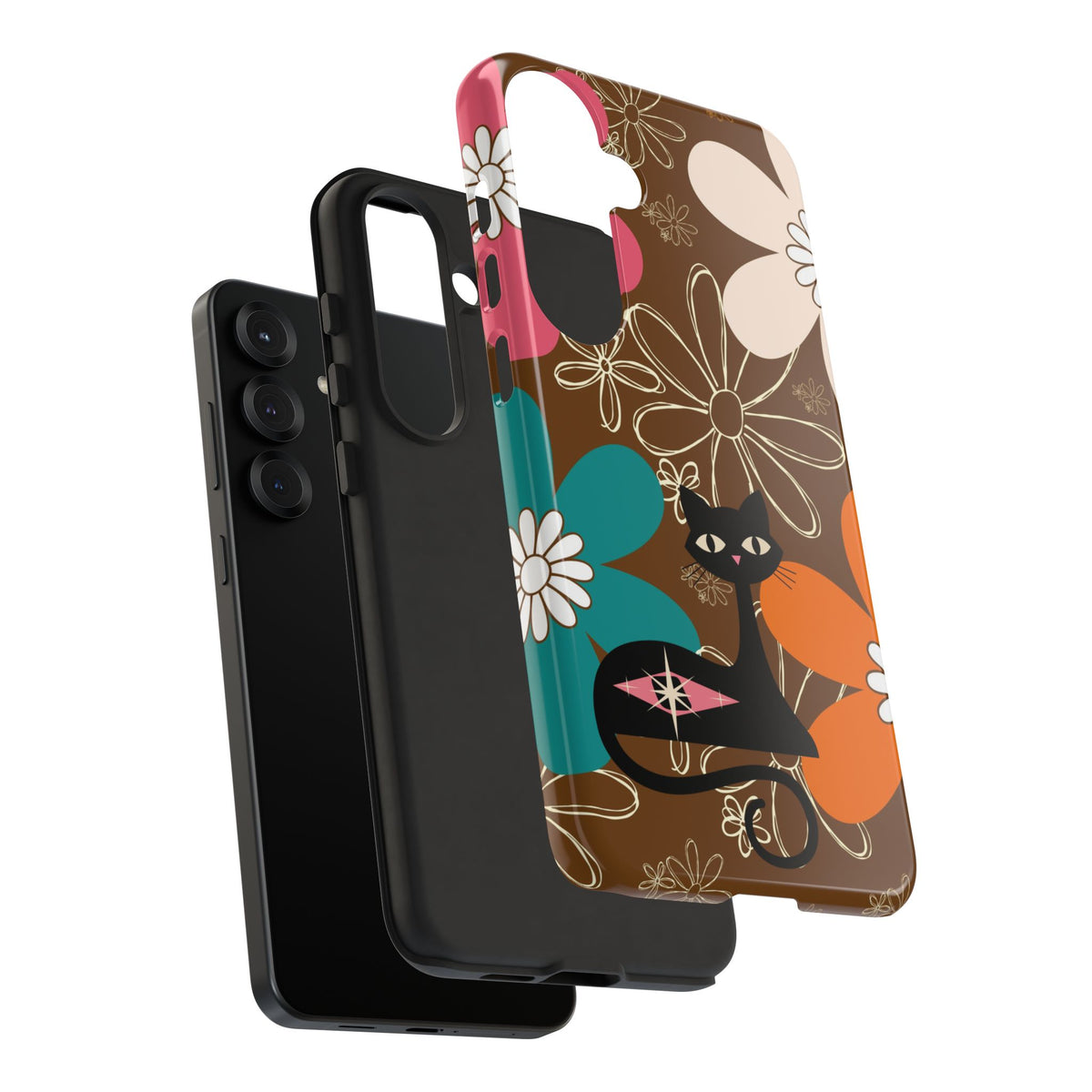 Atomic Cat Retro 70s Vibe Flower Power Tough Cases: Cute Floral and Cat Phone Case for Cat Lovers