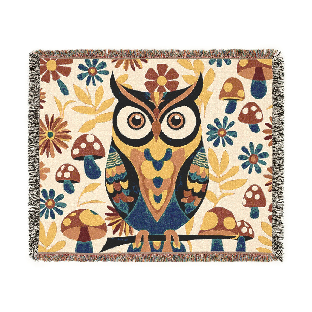Retro Owl, Groovy 70s Mushroom Mid Mod Owl Woven Blanket - Cozy Home Decor for Nature Lovers - Mid Century Modern Gal