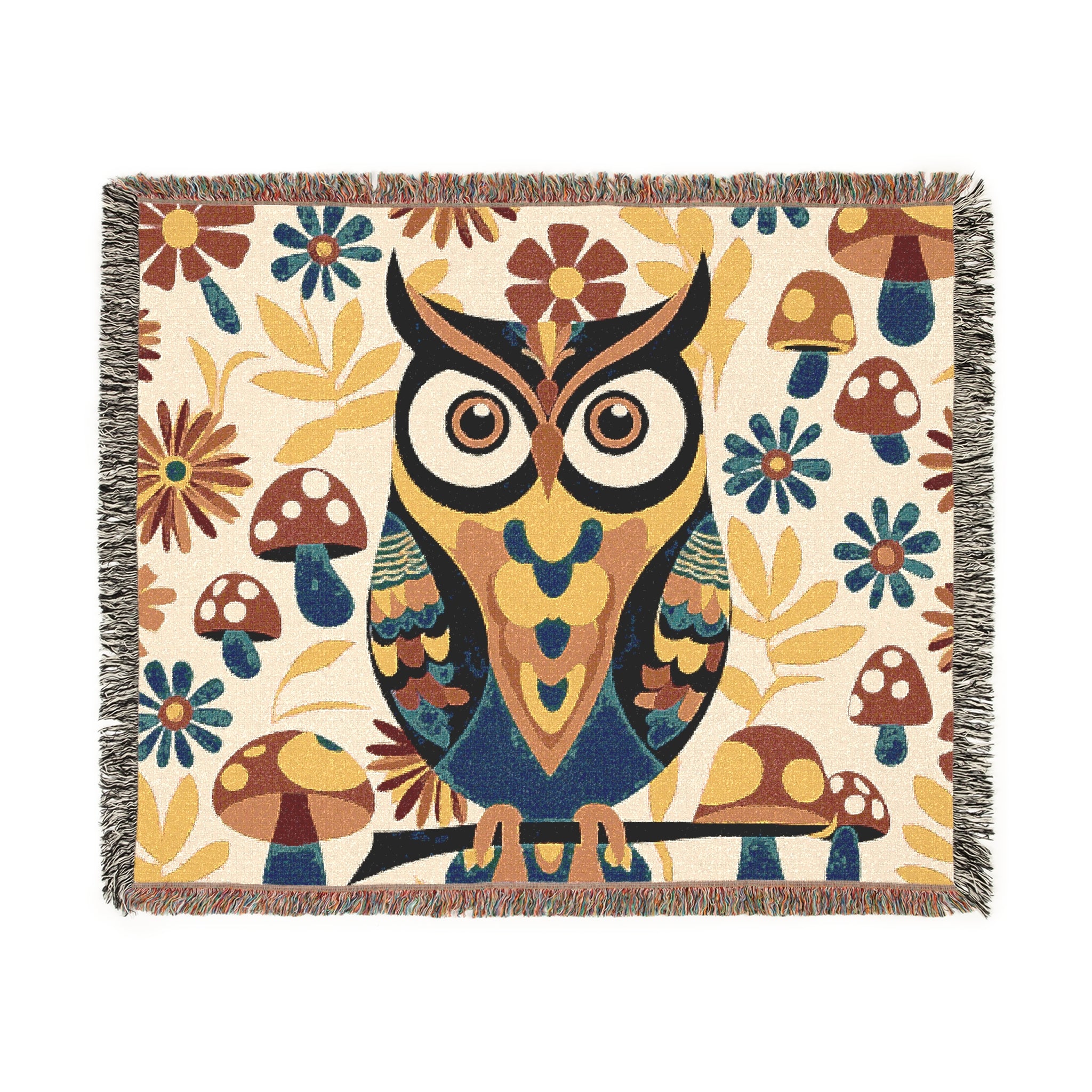 Retro Owl, Groovy 70s Mushroom Mid Mod Owl Woven Blanket - Cozy Home Decor for Nature Lovers - Mid Century Modern Gal