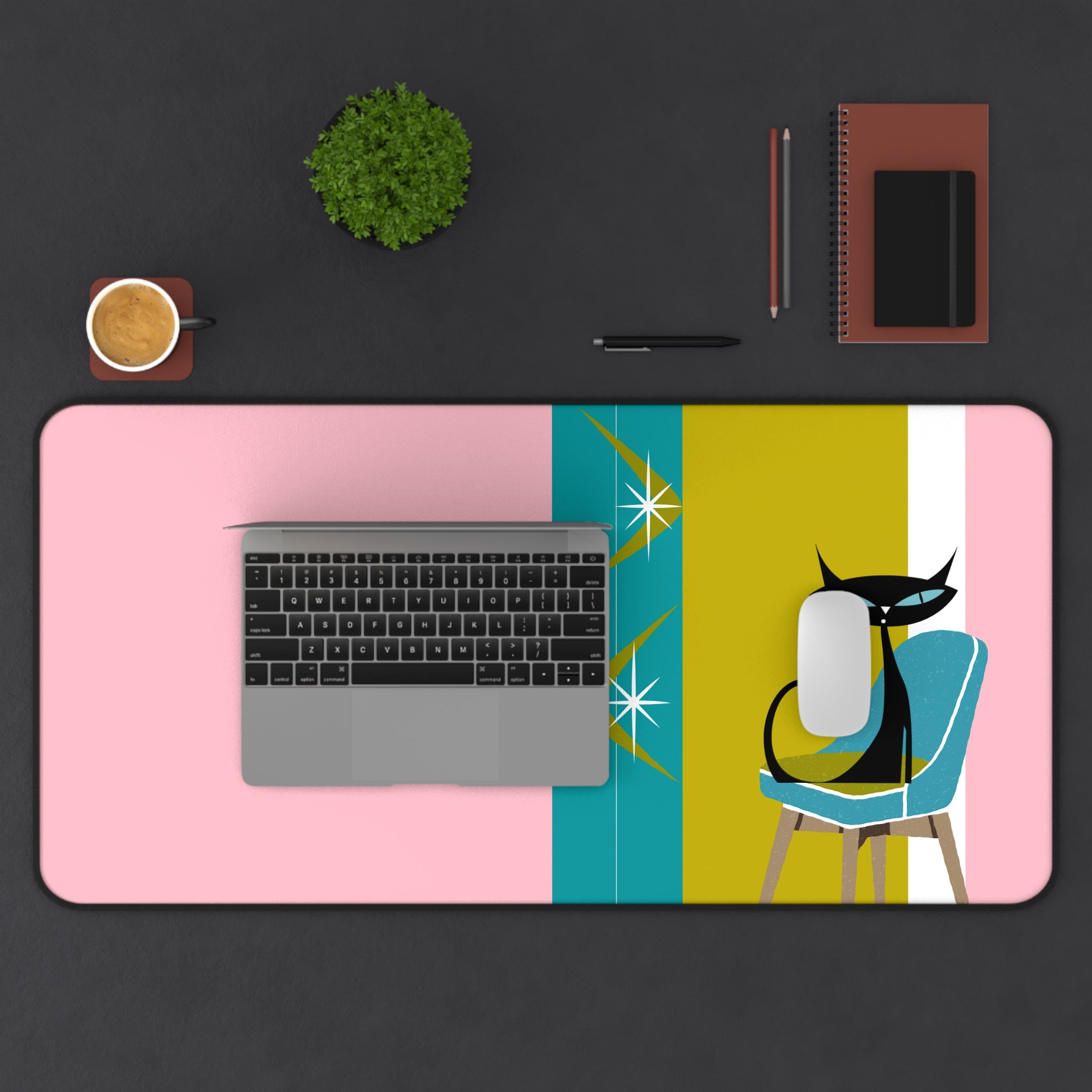 Atomic Cat Pink, Green, Teal Blue Retro Atomic Boomerang Desk Mat - Mid Century Modern Gal