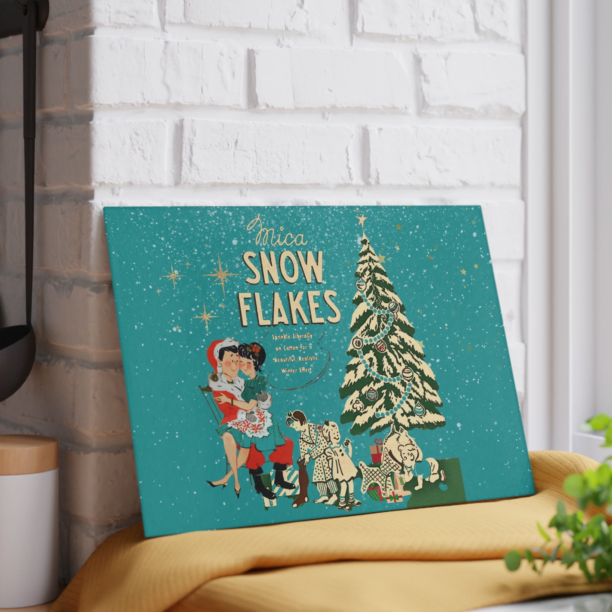 Mid Century Modern Christmas Kitsch, 50s Inspired Mica Snow Cheesboard Glass Cutting Board - Mid Century Modern Gal