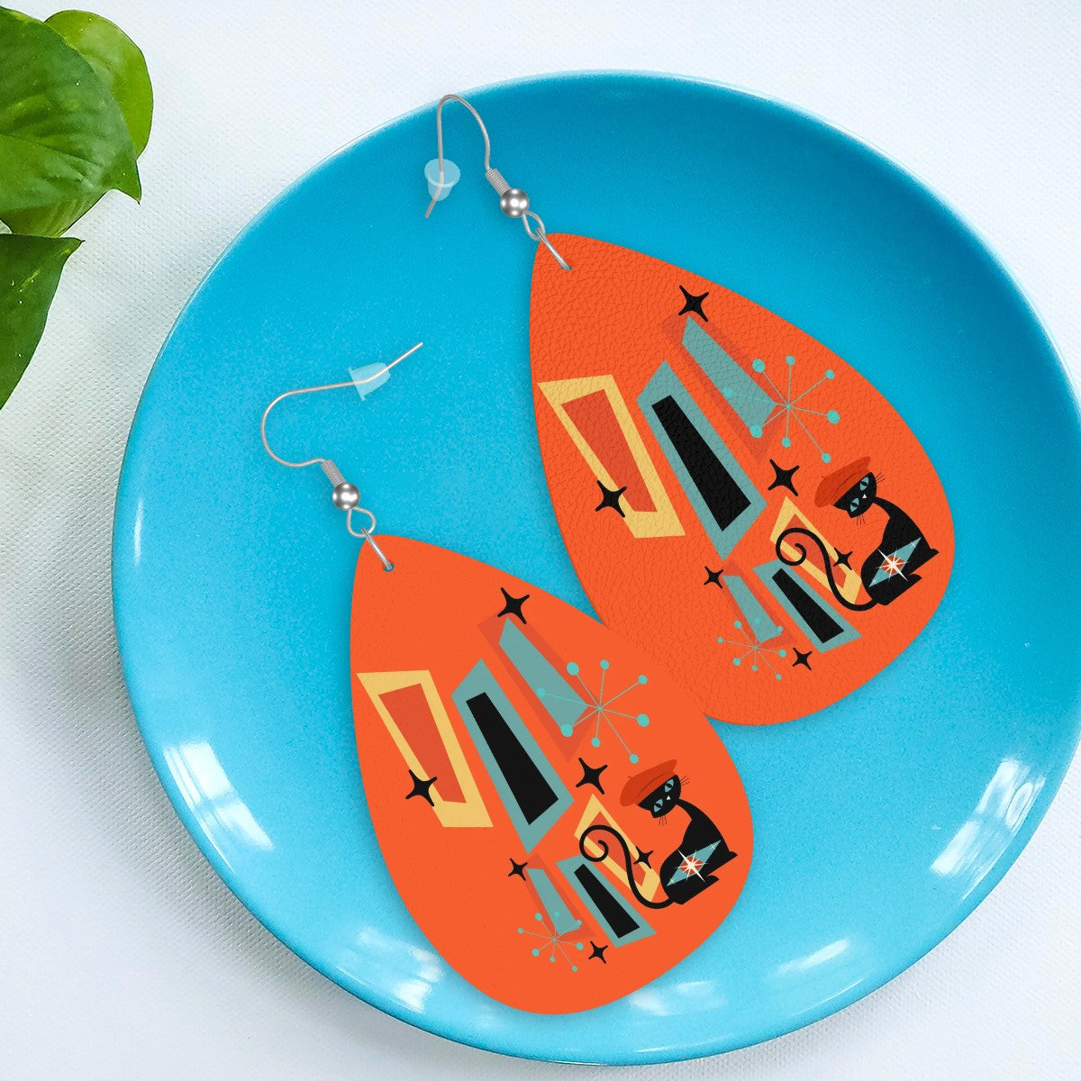 Atomic Cat Earrings, Mid Mod Orange Retro Geometric Designed Faux Leather Teardrop Earrings - Mid Century Modern Gal