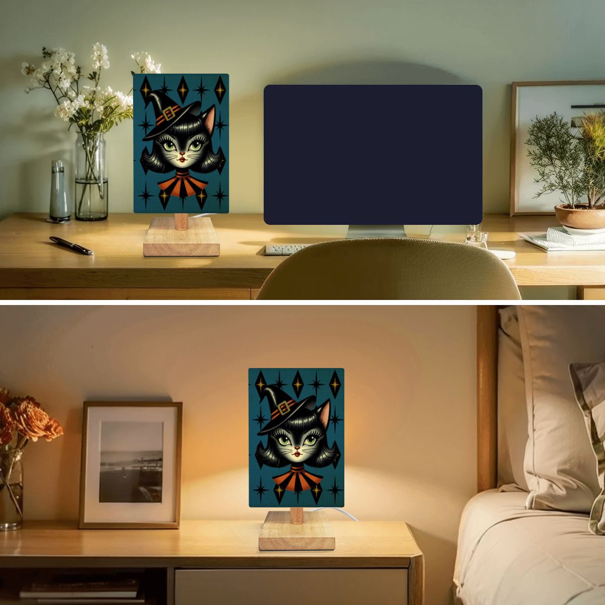 Vintage Halloween Black Cat Sexy Sexton Mid Century Modern Blue Square Table Lamp - Mid Century Modern Gal