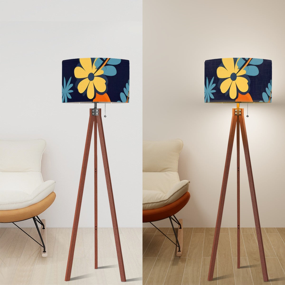 Royal Blue Boho Floral Retro Mod Tripod Floor Lamp - Mid Century Modern Gal
