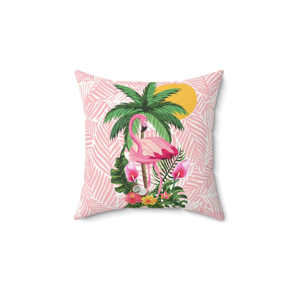 50's Pink Flamingo, Retro Summer Tropical Pink, White, Mid Century Modern Square Pillow