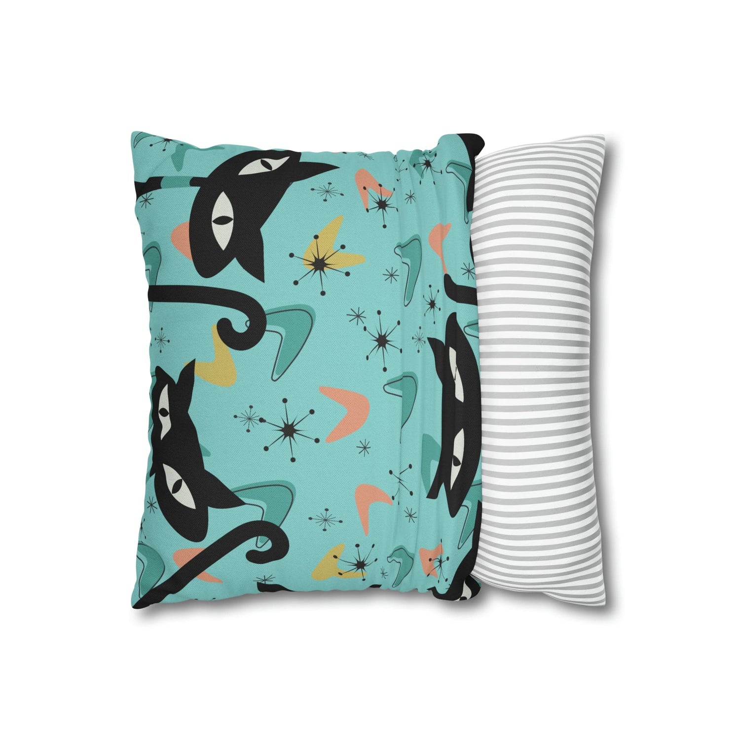 Atomic Cat Art Pillow, Quirky Cats, Cat Mom, Cat Lover, Mid Century Modern Boomerang, Sputnik Starburst Couch Cushion Cover Home Decor 14" × 14"