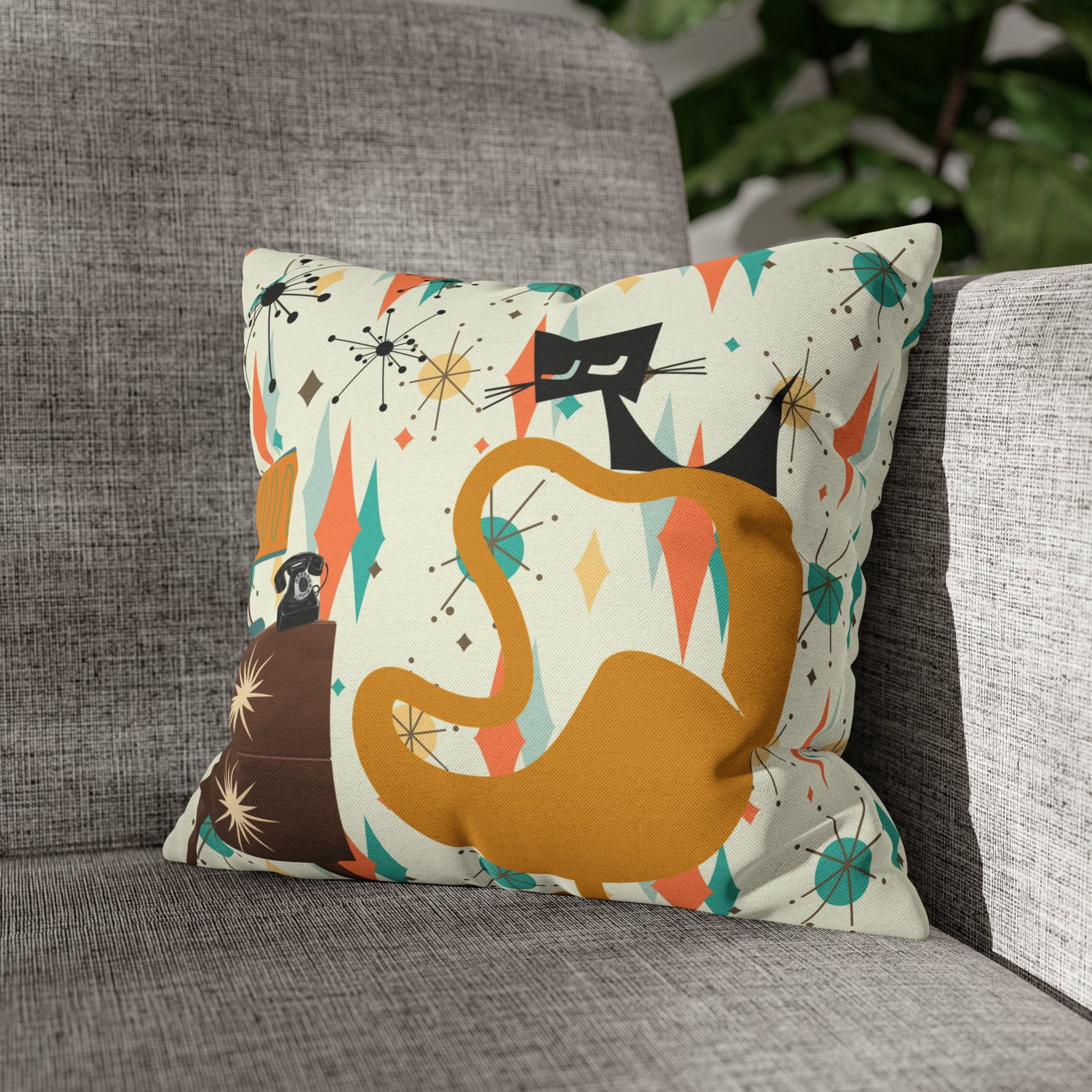 Atomic Cat Pillow, Mid Century Modern Franciscan Diamond, Starburst Patter, Retro Groovy PILLOW Cover Only Home Decor 14" × 14"