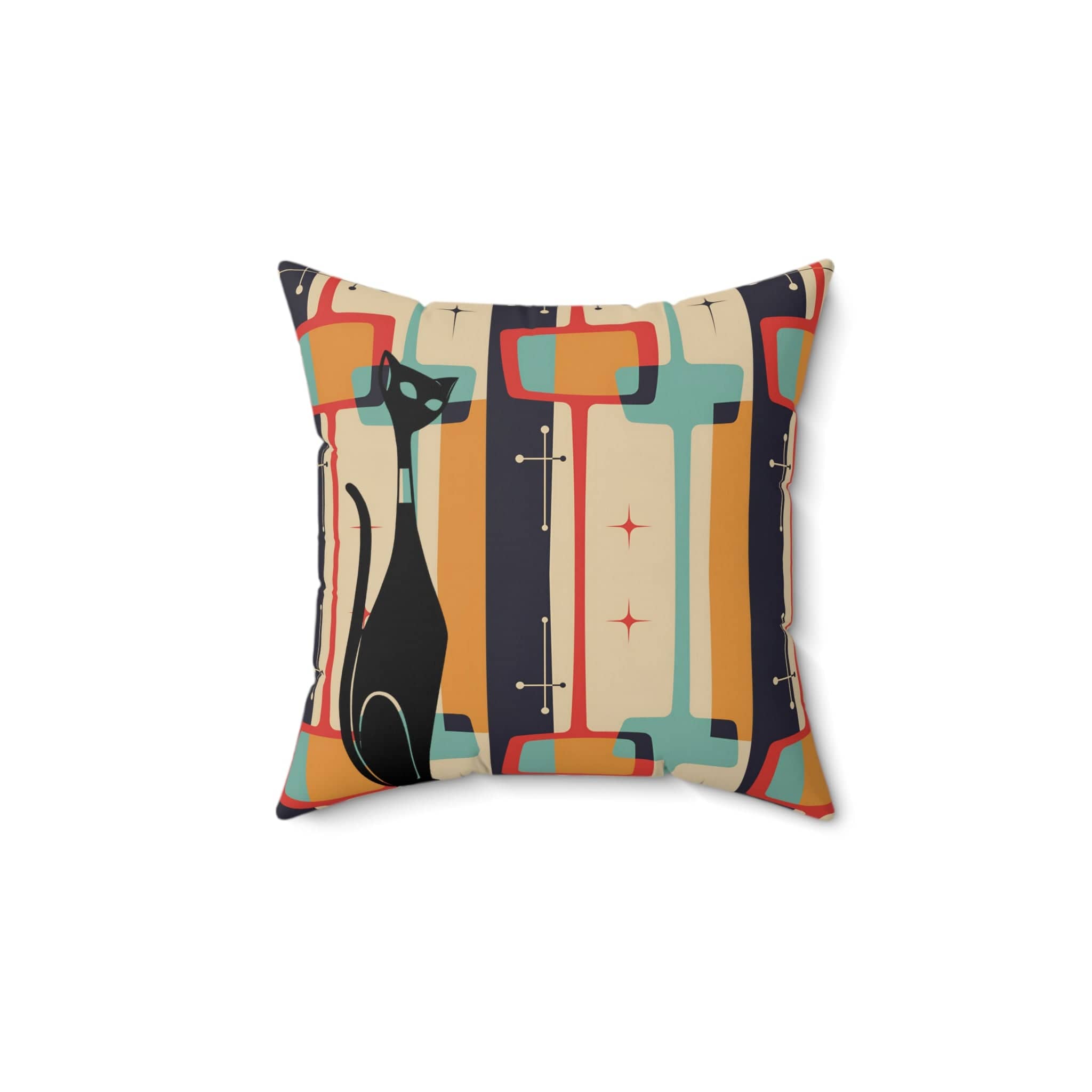 Atomic Cat Pillow, Mid Century Modern Geometric, Charcoal Gray, Burnt Orange, Yellow, Funky Retro Pillow Home Decor 14" × 14"