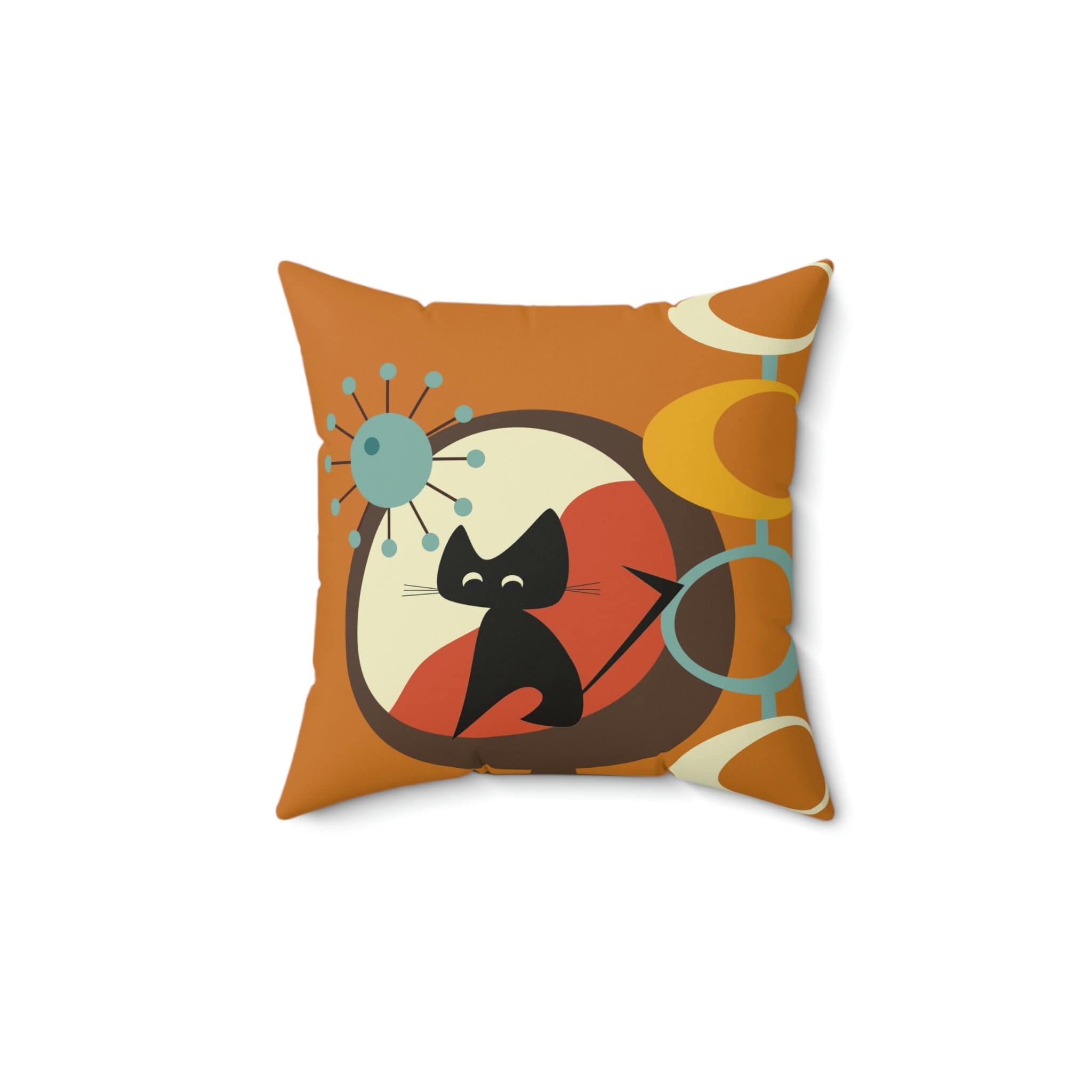Atomic Space Cat, Mid Century Modern Carmel Brown, Retro Starburst Square Pillow Home Decor 14" × 14"
