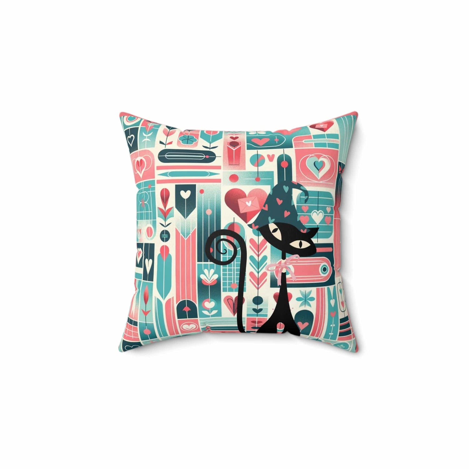 Kitschy Atomic Valentine Cat, Mid Century Modern, Aqua, Pink, Teal, Love Pillow And Insert Home Decor 14" × 14"
