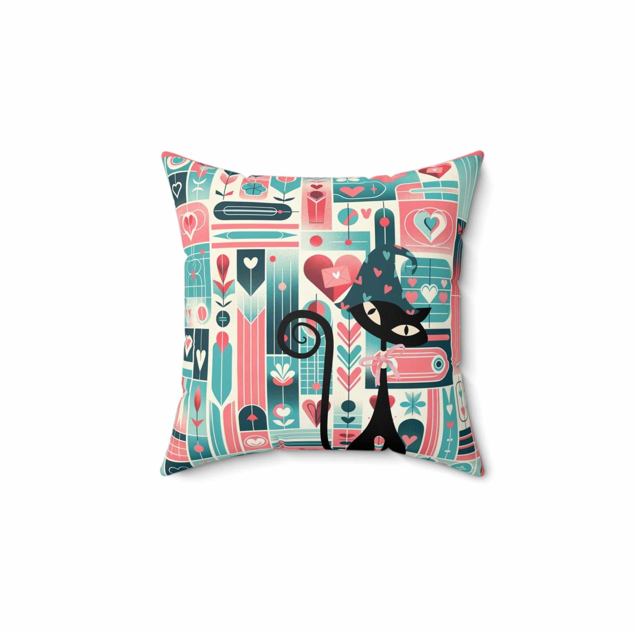 Kitschy Atomic Valentine Cat, Mid Century Modern, Aqua, Pink, Teal, Love Pillow And Insert Home Decor 14" × 14"