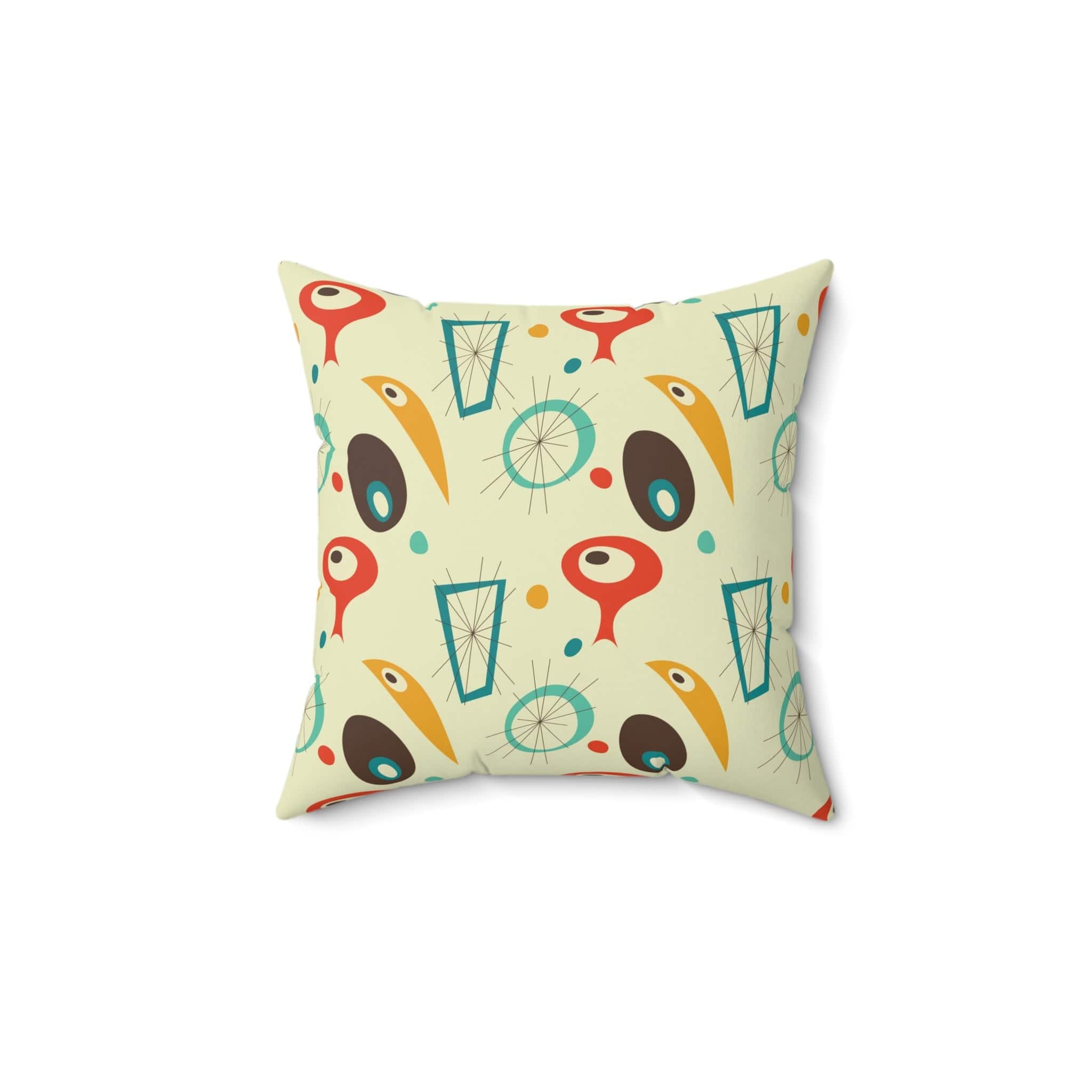 Mid Century Modern Abstract, Starbursts, MCM Mustard Yellow, Burnt Orange, Teal, Aqua MCM Palm Springs Cali Decor Pillow Home Decor 14" × 14"