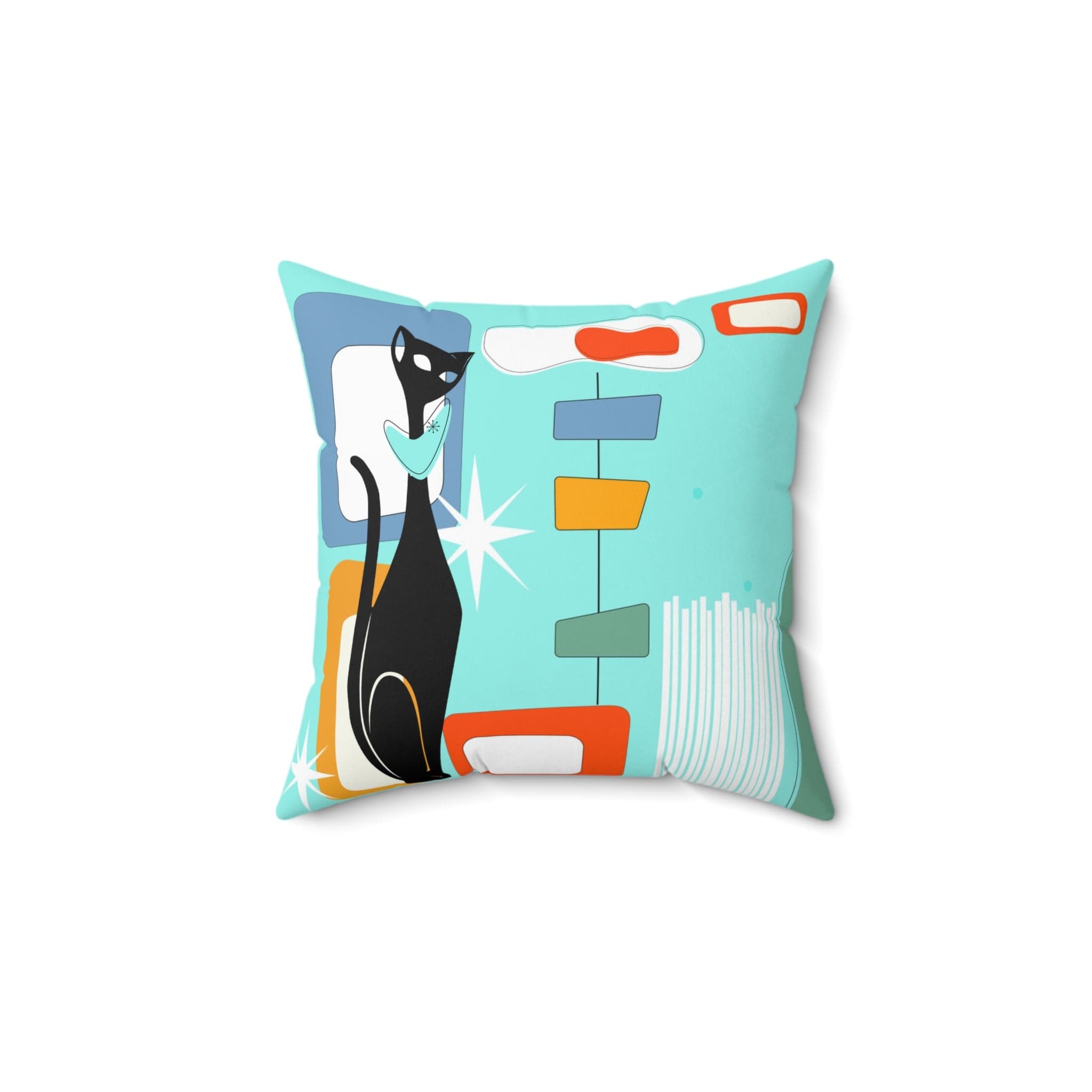 Mid Century Modern Aqua Blue, Geometric, Atomic Cat, Boomerang, Retro Pillow Home Decor 14" × 14"
