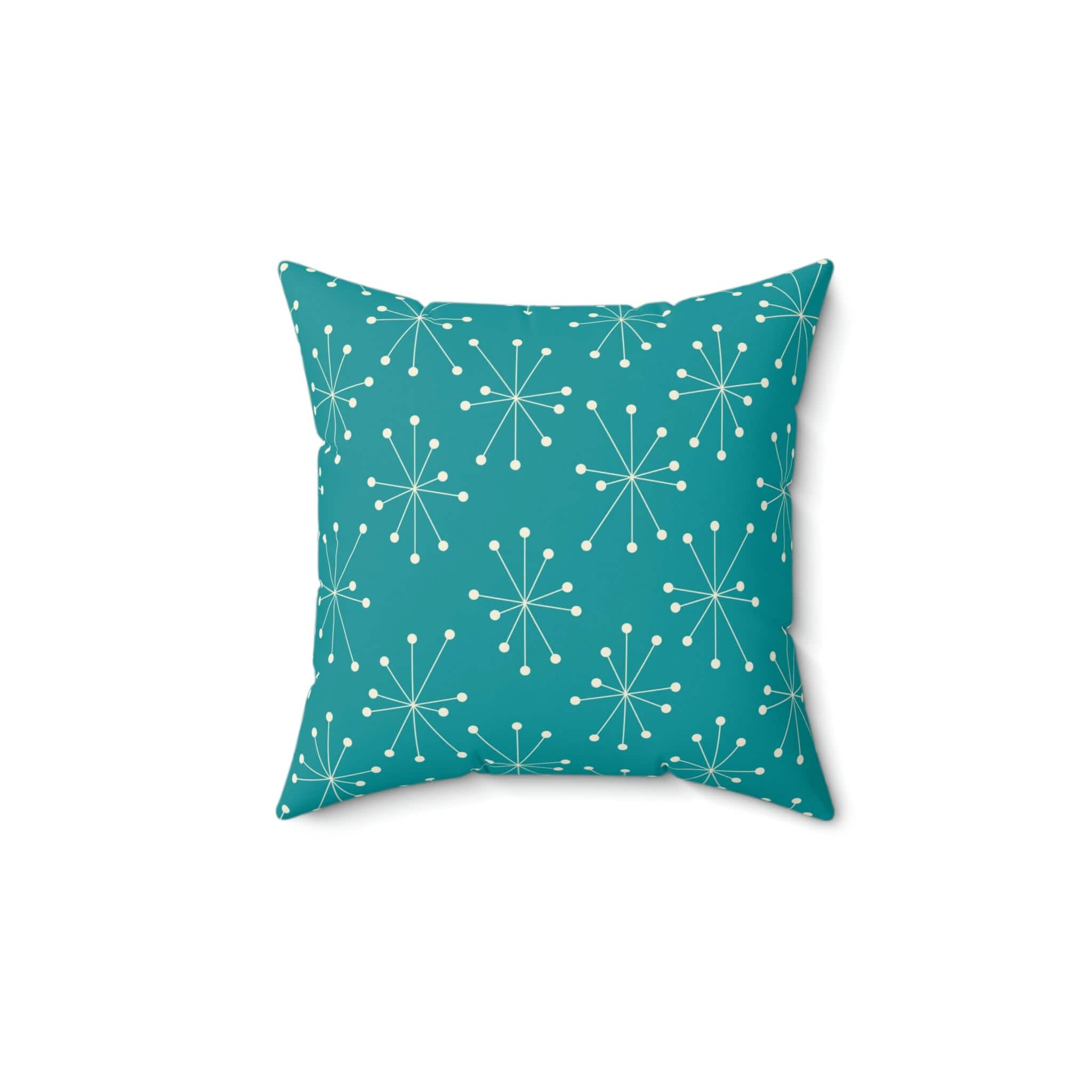 Mid Century Modern Atomic Aqua Blue, Starburst Retro Square Pillow Home Decor 14" × 14"