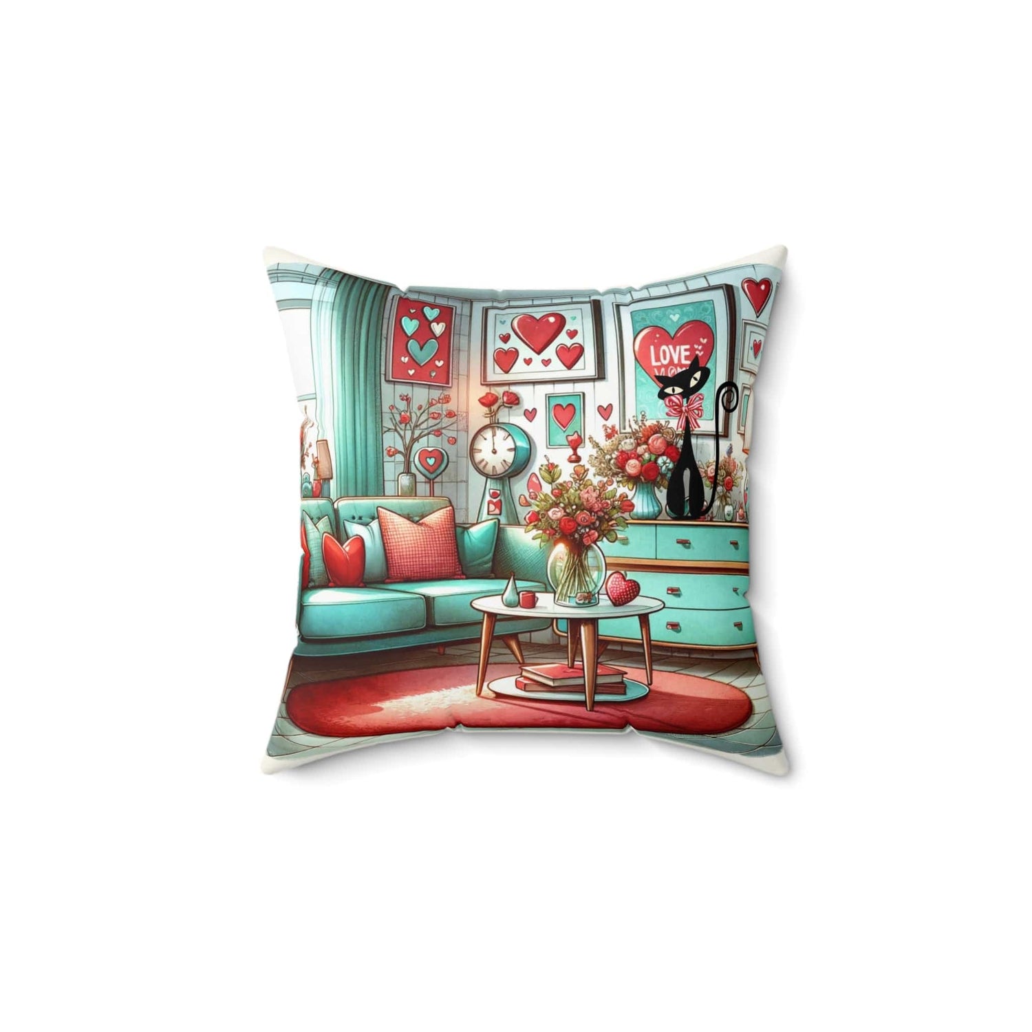Mid Century Modern Atomic Cat, Valentine Kitsch Love Pillow, Pink, Aquas, Red, Retro Valentine Pillow And Insert Home Decor 14" × 14"