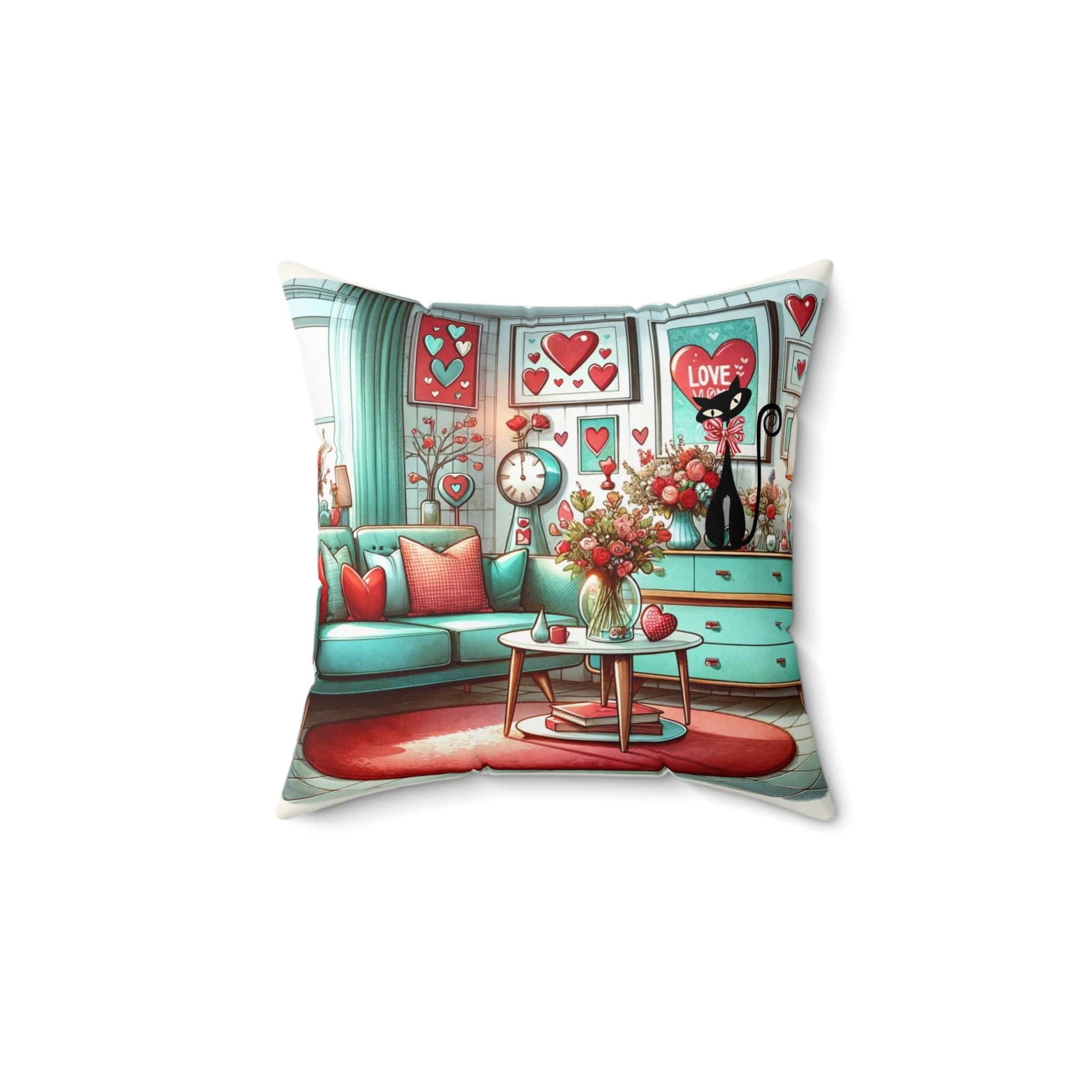 Mid Century Modern Atomic Cat, Valentine Kitsch Love Pillow, Pink, Aquas, Red, Retro Valentine Pillow And Insert Home Decor 14" × 14"