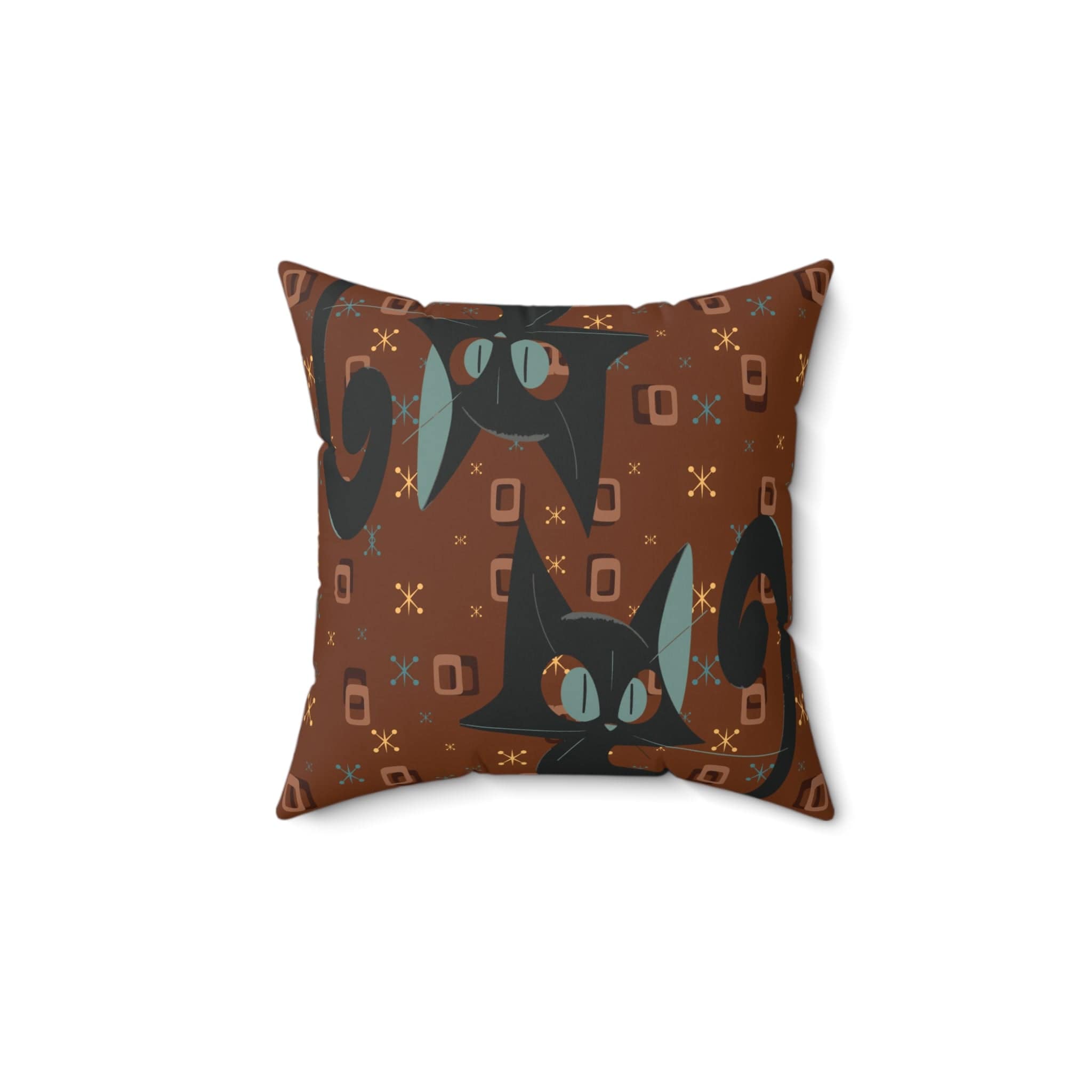 Mid Century Modern Atomic Space Kitty Cat, Kitschy Retro Brown, Geometric, Starbursts, MCM Pillow And Insert Home Decor 14" × 14"