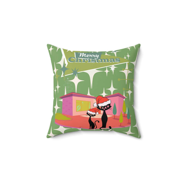 Mid Century Modern Christmas Atomic Cat, Kitschy 50's Christmas Home Decor Green Starburst Spun Polyester Square Pillow