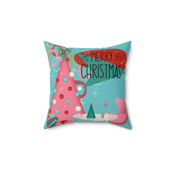 Mid Century Modern Christmas Pillow, Aqua Pink, Whimsical Holiday Kitsch Polyester Square Pillow