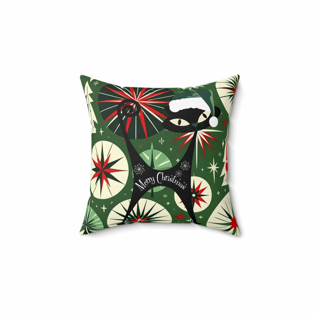 Mid Century Modern Christmas Pillow, Atomic Cat, Starbursts, Sputnik Designs, Green, Red Pillow And Insert Home Decor 14" × 14"