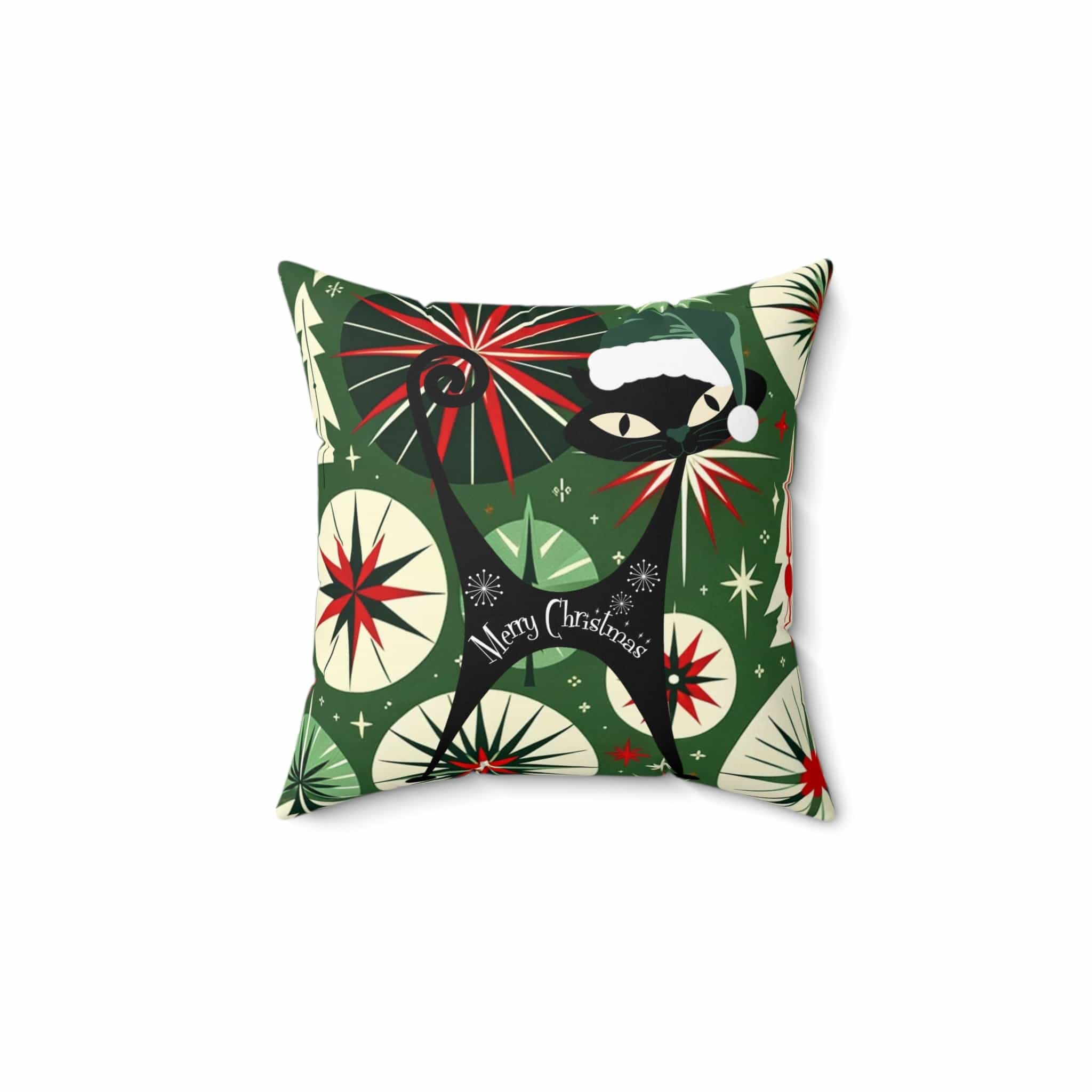 Mid Century Modern Christmas Pillow, Atomic Cat, Starbursts, Sputnik Designs, Green, Red Pillow And Insert Home Decor 14" × 14"