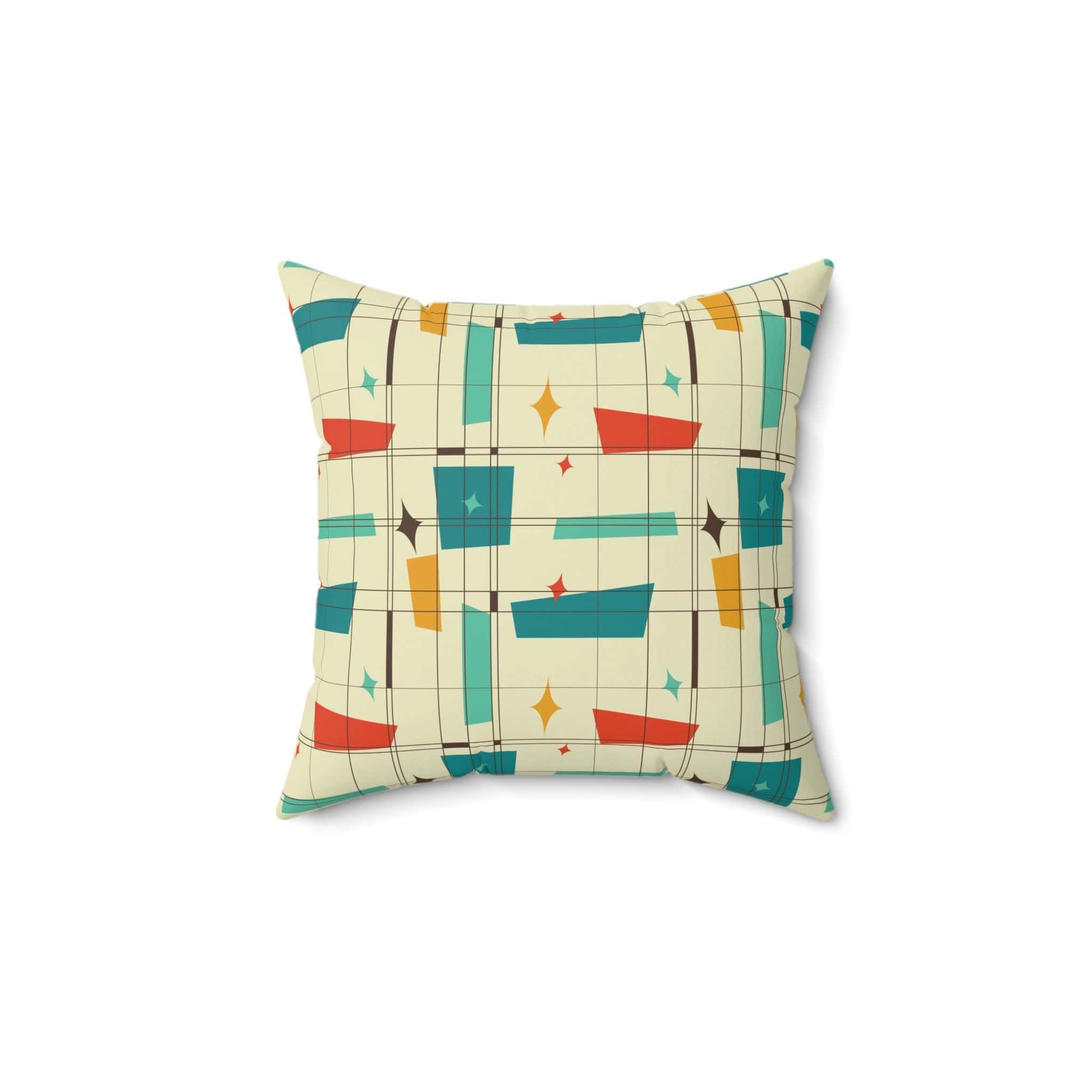 Mid Century Modern Geometric Squares, Mustard Yellow, Burnt Orange, Teal, MCM Pillow And Insert Home Decor 14" × 14"