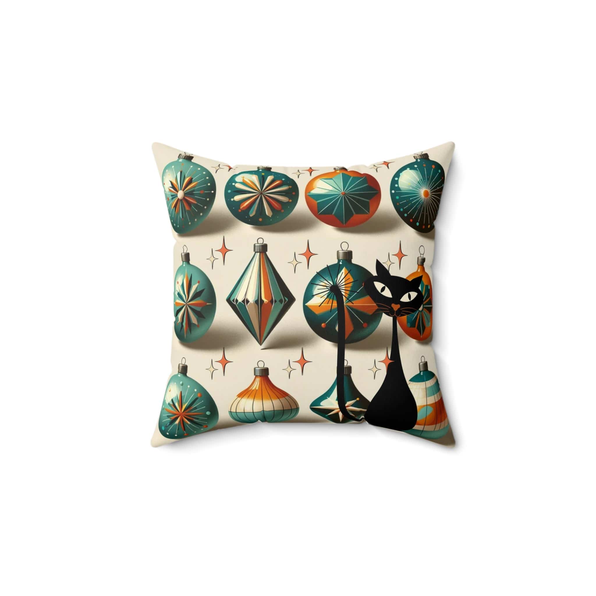 Mid Century Modern Shiny Brite, Atomic Cat, Retro Green, Orange, Retro Mod Pillow And Insert Home Decor 14" × 14"
