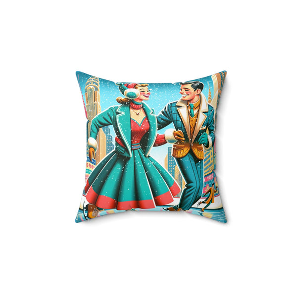 New York City Rockefeller Station Skate Rink, Retro Couple Winter Pillow And Insert