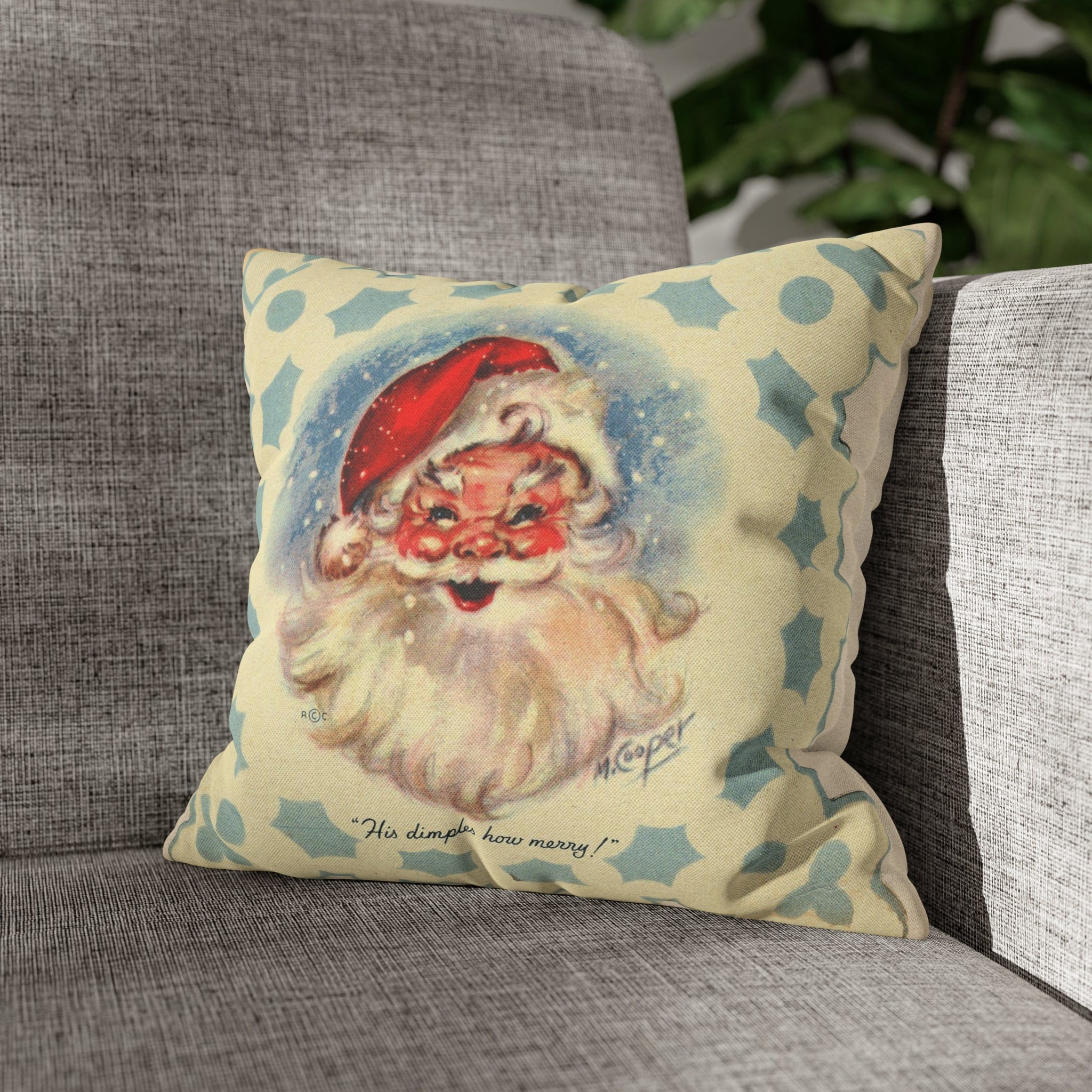 Vintage Santa, Christmas Snowflake, Smiling Santa Pillow Cover Home Decor 14" × 14"