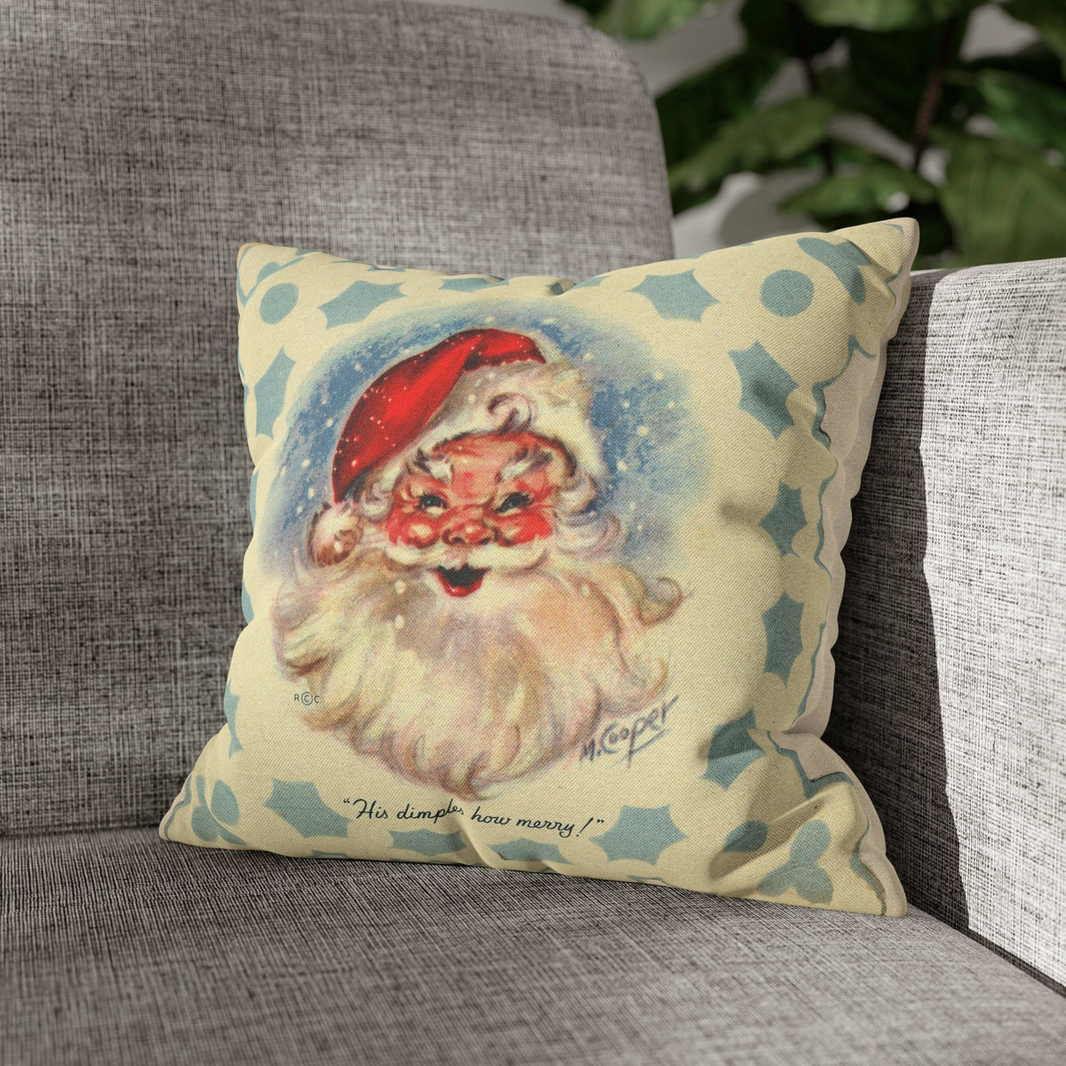 Vintage Santa, Christmas Snowflake, Smiling Santa Pillow Cover Home Decor 14" × 14"