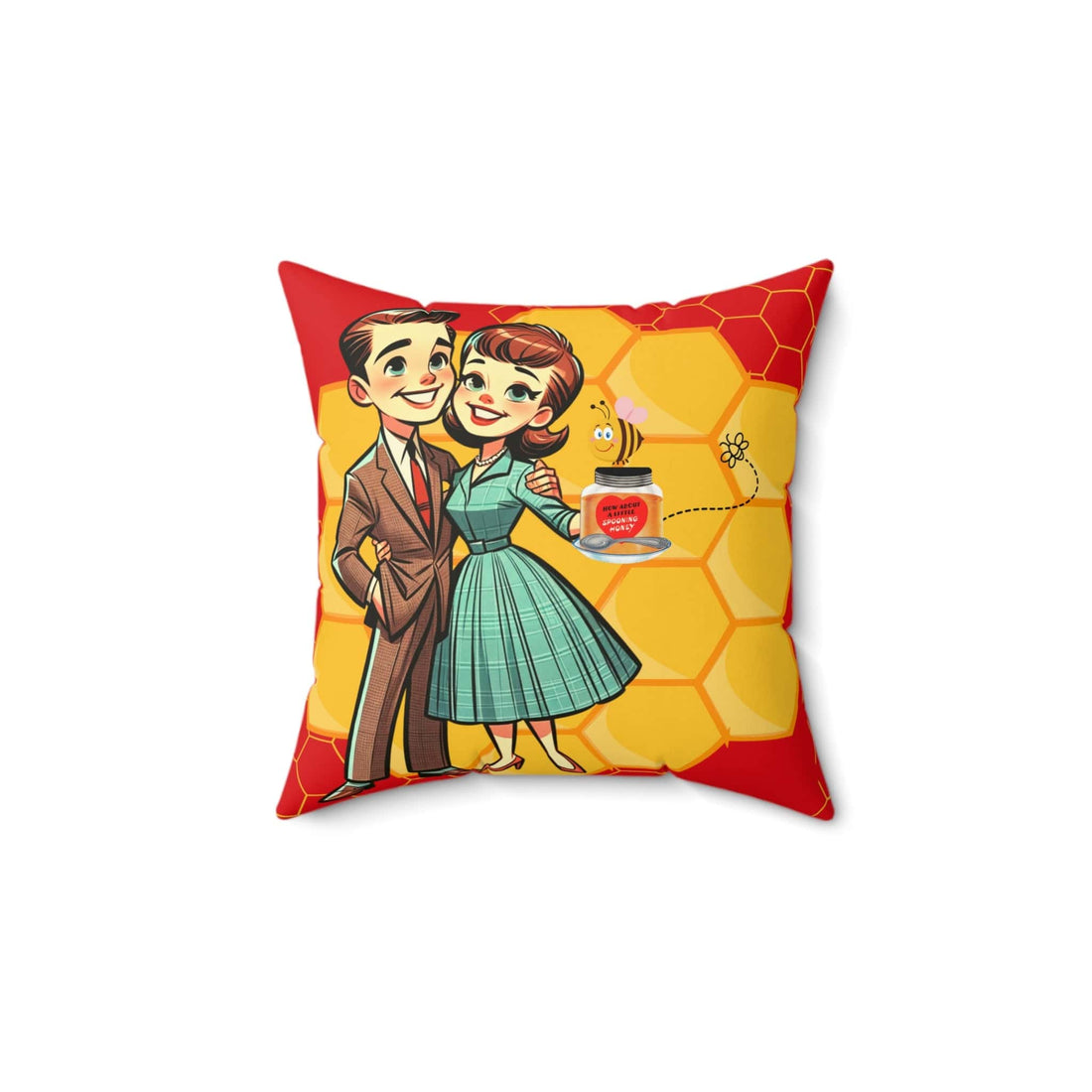 Vintage Valentine, 50s Mid Century Modern Kitschy Cute Couple, Bedroom, Livingroom Honeycomb Bee Love Honey Pillow And Insert Home Decor 14&quot; × 14&quot;