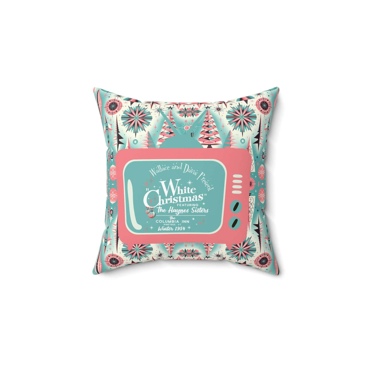 Wallace And Davise, 1950's Mid Century Modern Christmas Pillow, Aqua Blue, Pink Atomic TV Kitschy Christmas Pillow And Insert Home Decor 14" × 14"
