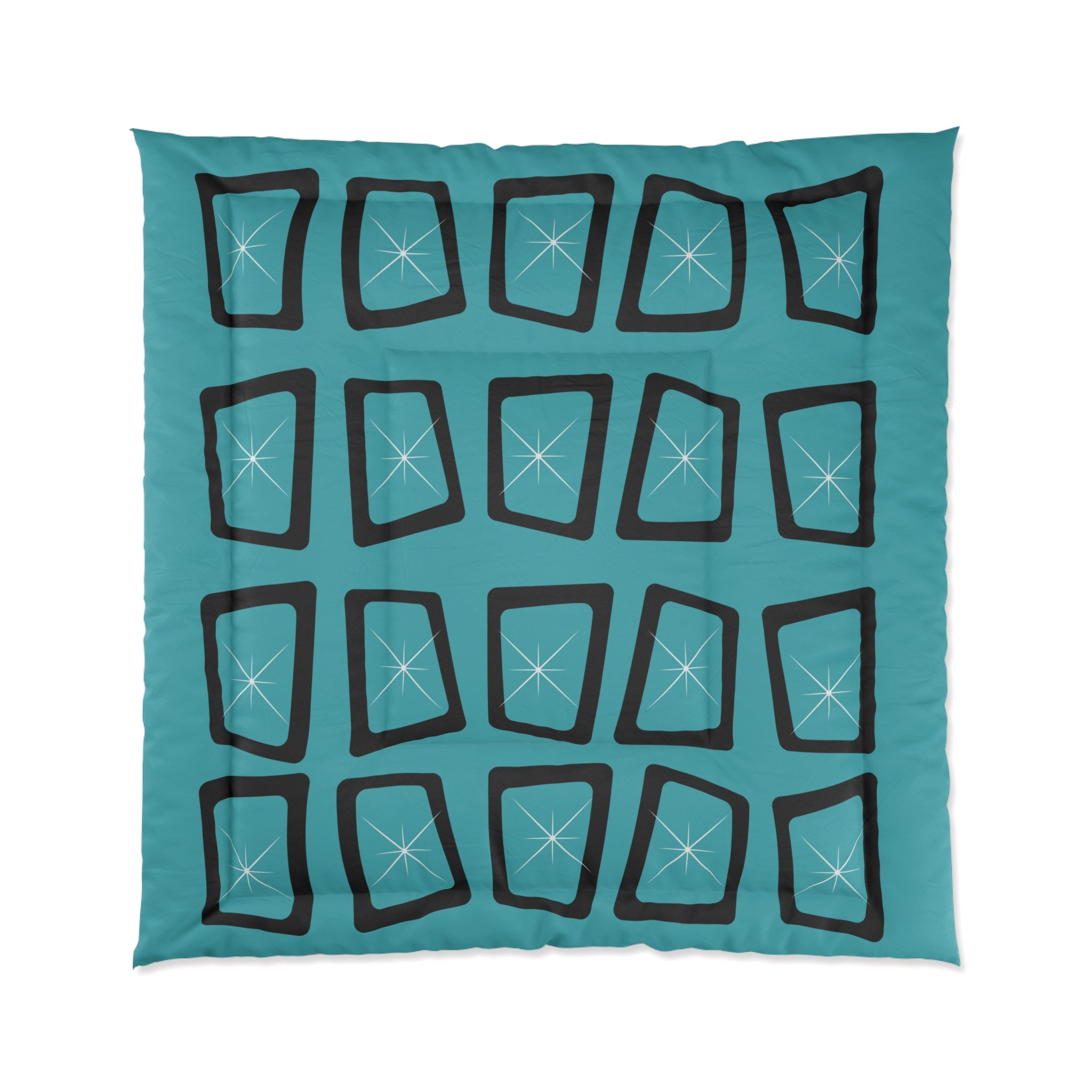 Mid Century Modern Teal Blue Black Geometric StarburstStar Comforter – Modern Bedding for Cozy Spaces - Mid Century Modern Gal